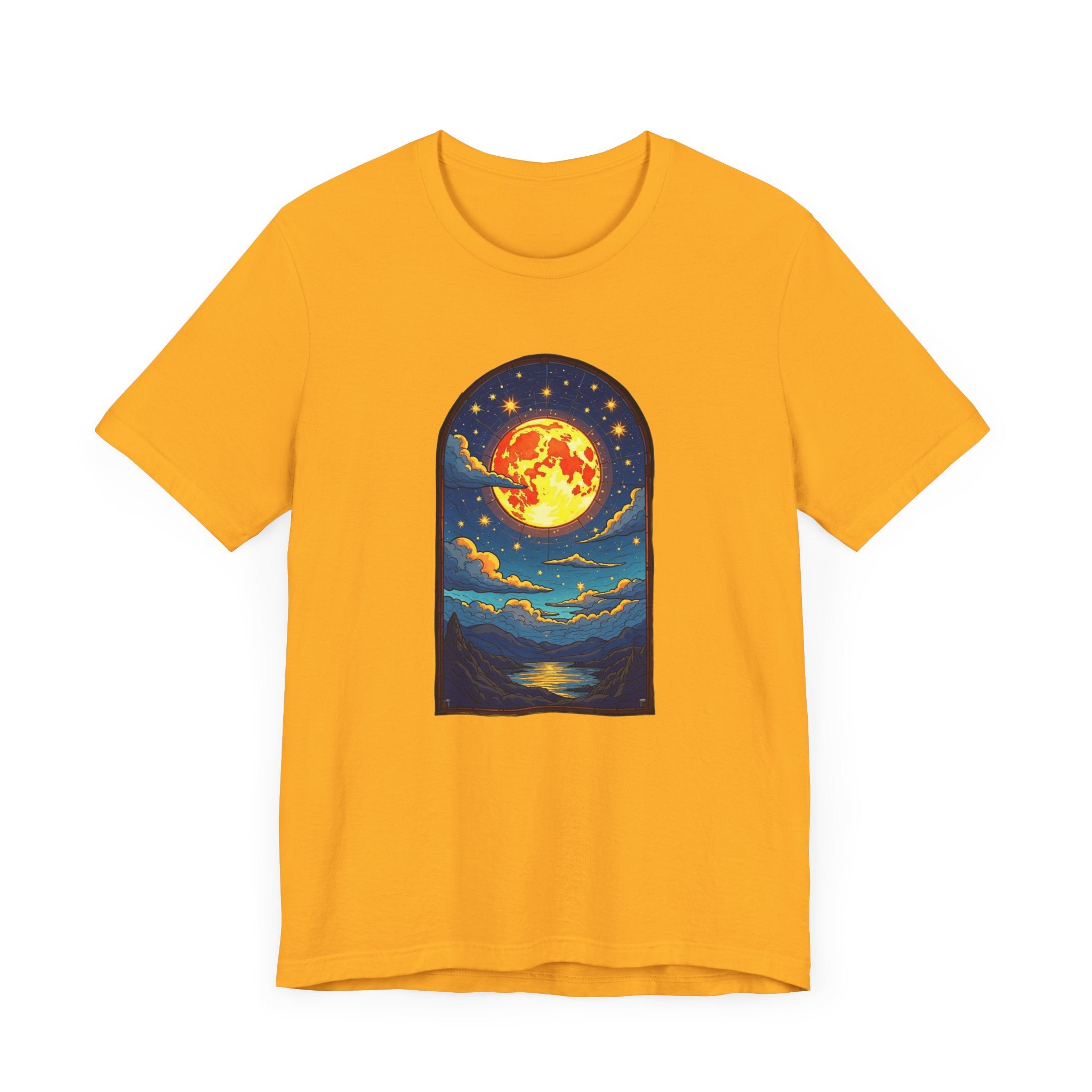 Castle Window View of Glowing Full Moon with Reflection and Stars Graphic T-Shirt