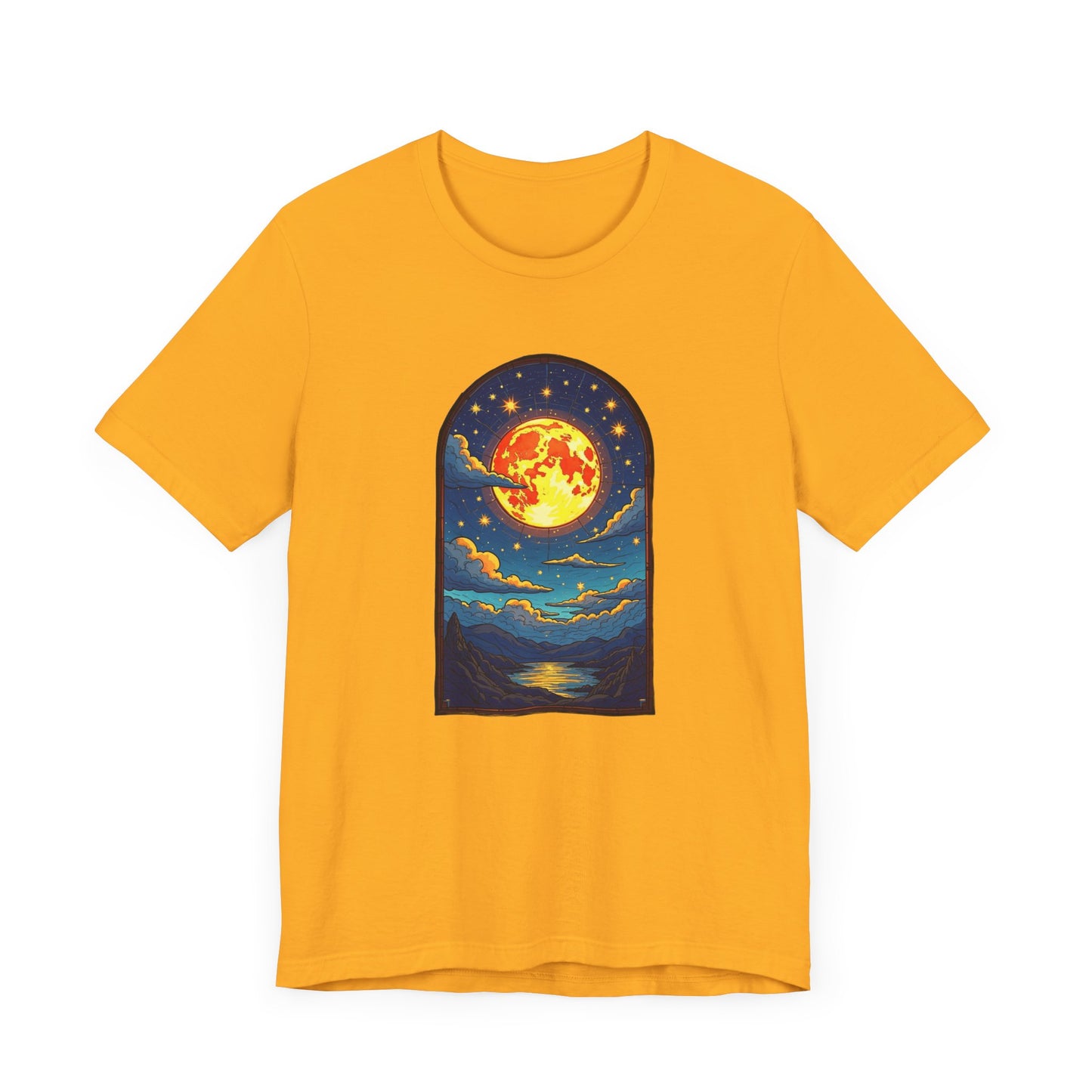 Castle Window View of Glowing Full Moon with Reflection and Stars Graphic T-Shirt