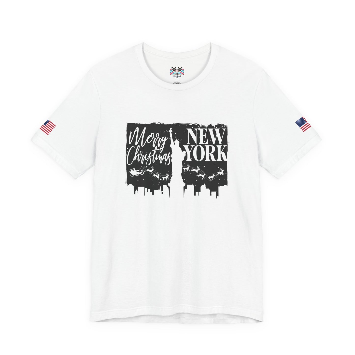 Merry Christmas New York T-Shirt - NYC Holiday Skyline with Santa & Statue of Liberty