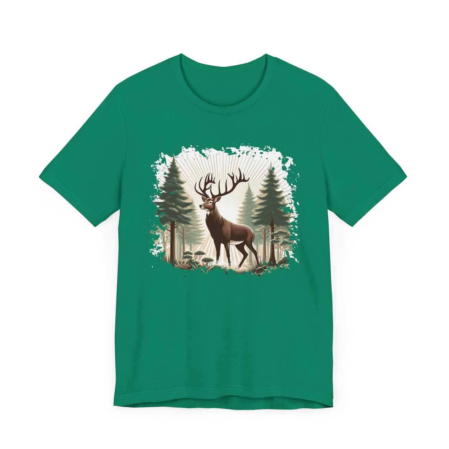 Majestic Deer with Large Antlers | Sunlight Through Foggy Forest Graphic T-Shirt