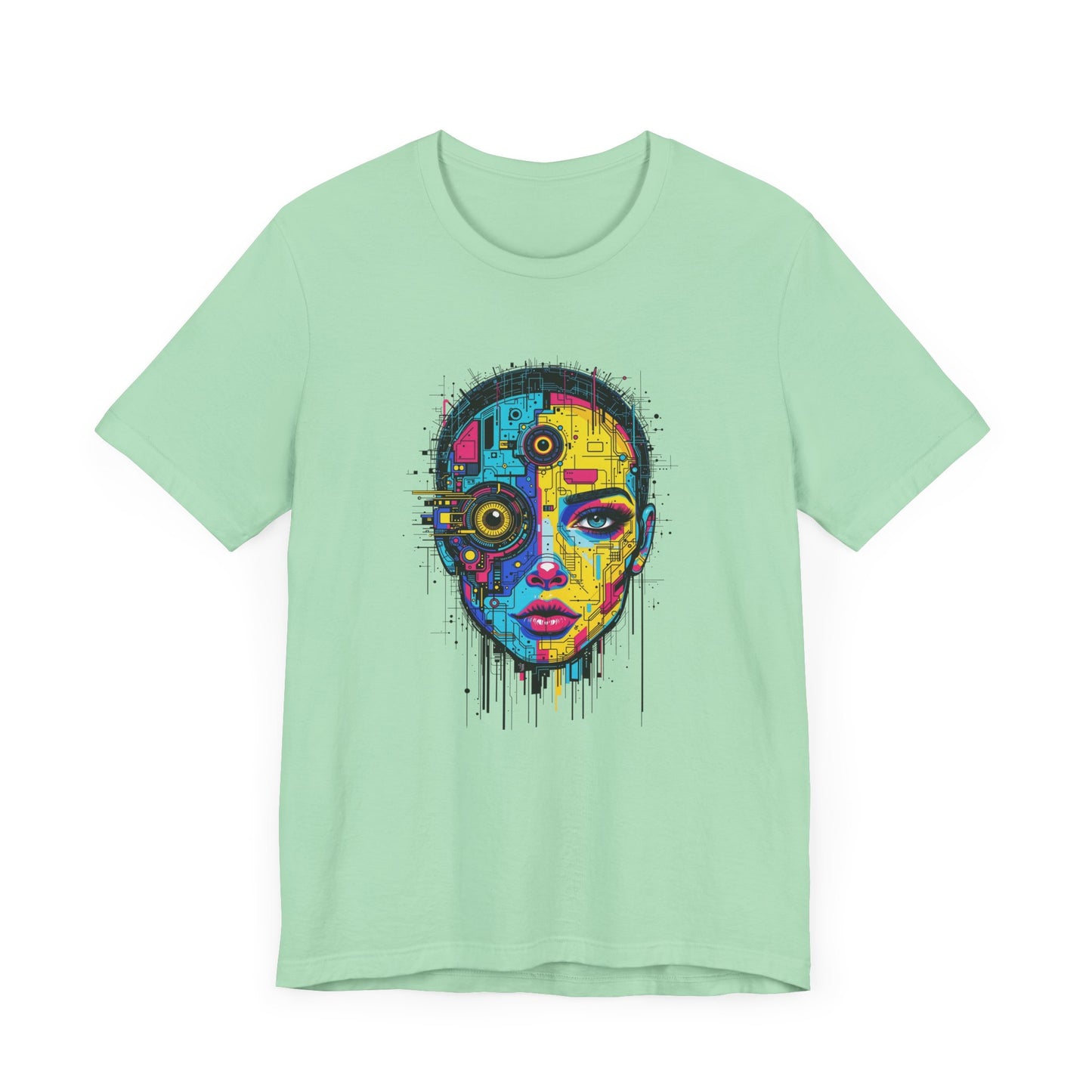 Third Eye Glitch – Robotic Woman with Circuit Face and Three Eyes Graphic T-Shirt
