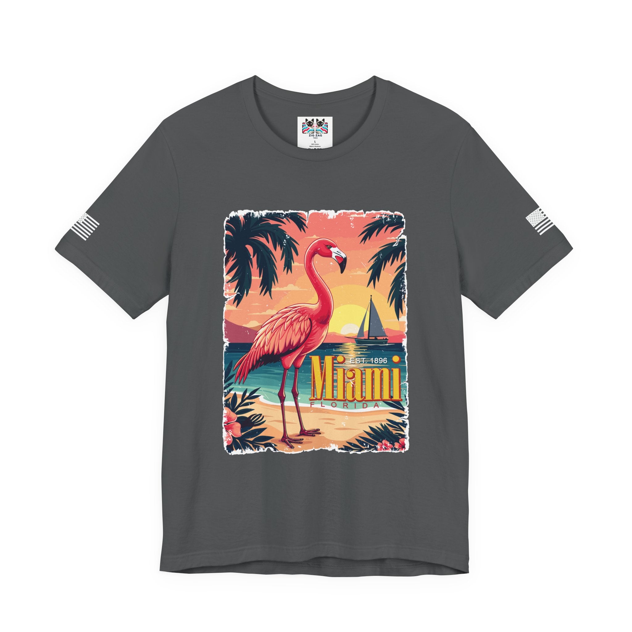 Miami Florida EST 1896 T-Shirt – Flamingo Vintage Travel Poster Beach Sunset Tee