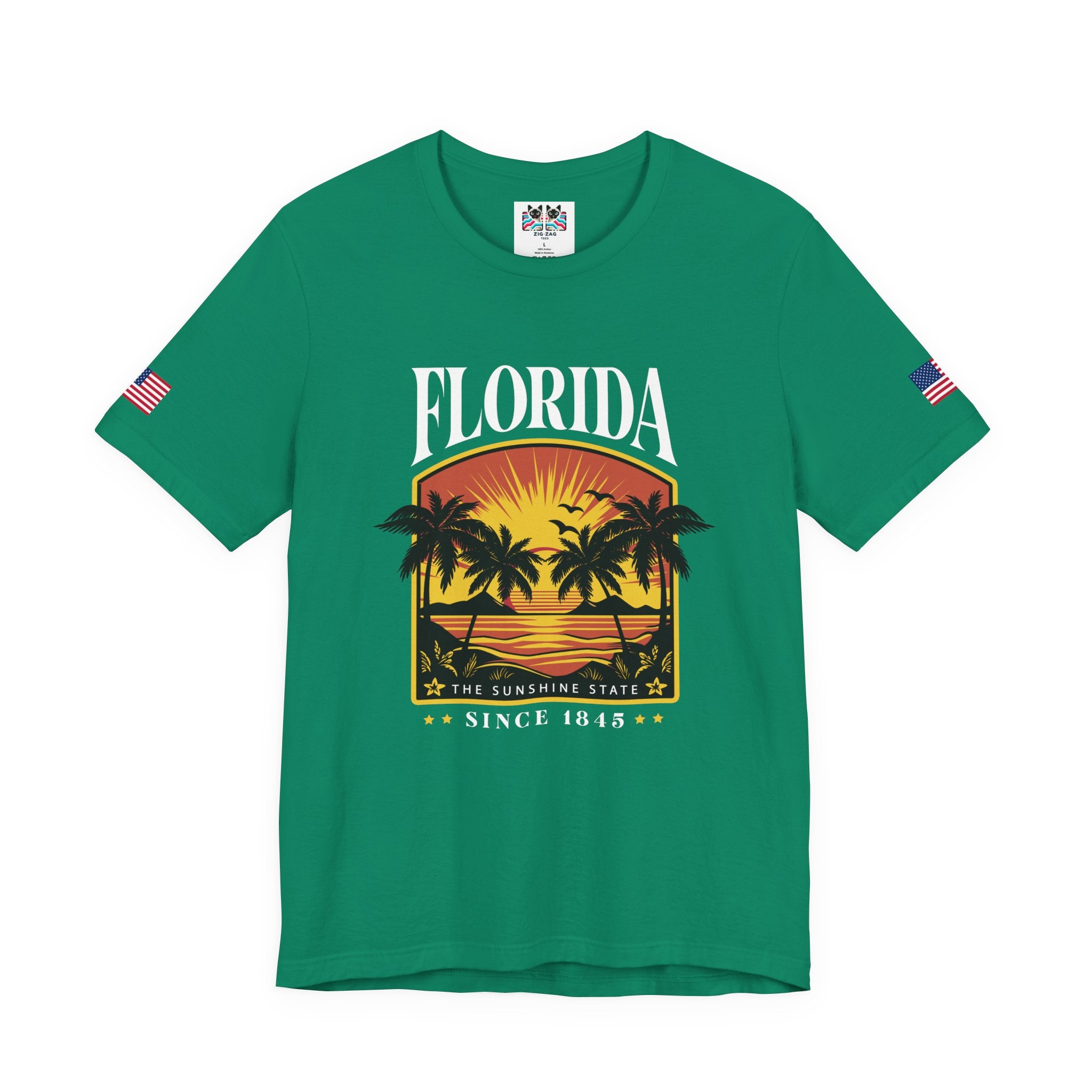 Florida The Sunshine State Since 1845 T-Shirt – Retro Badge Palm Tree Sunset Graphic Tee