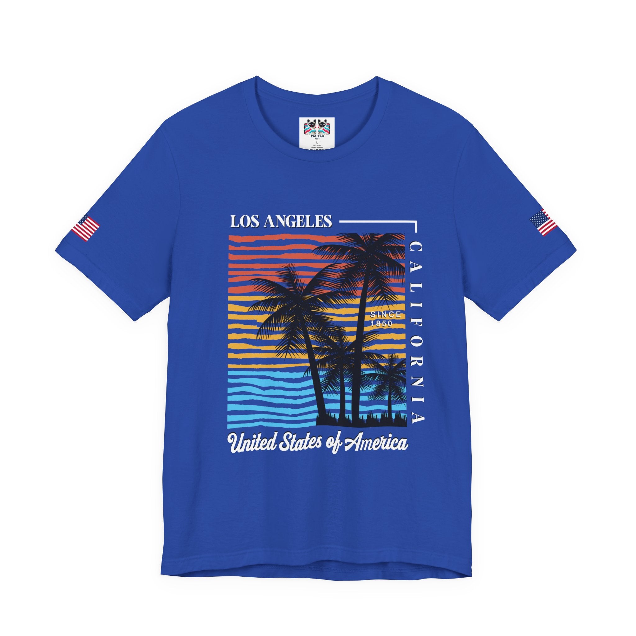 Los Angeles California Since 1850 T-Shirt – Colorful Striped Sunset Palm Tree USA Tee