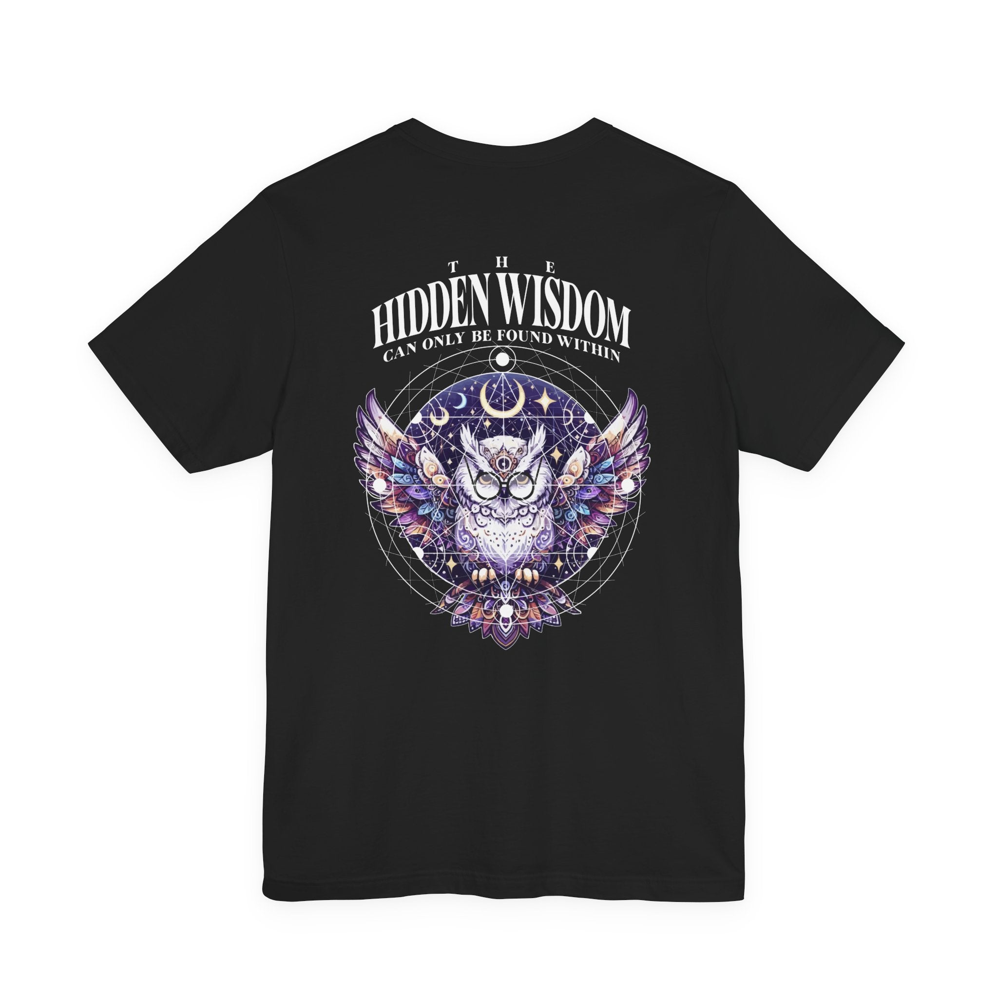 The Hidden Wisdom Within T-Shirt – Vibrant Flying Owl with Geometric Lines