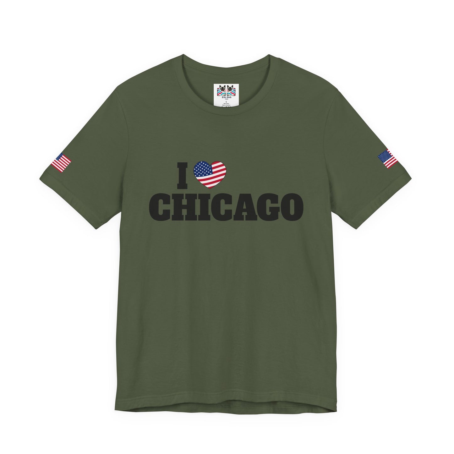 I Love Chicago T-Shirt - Classic USA Flag Heart Black Simple City Pride Design