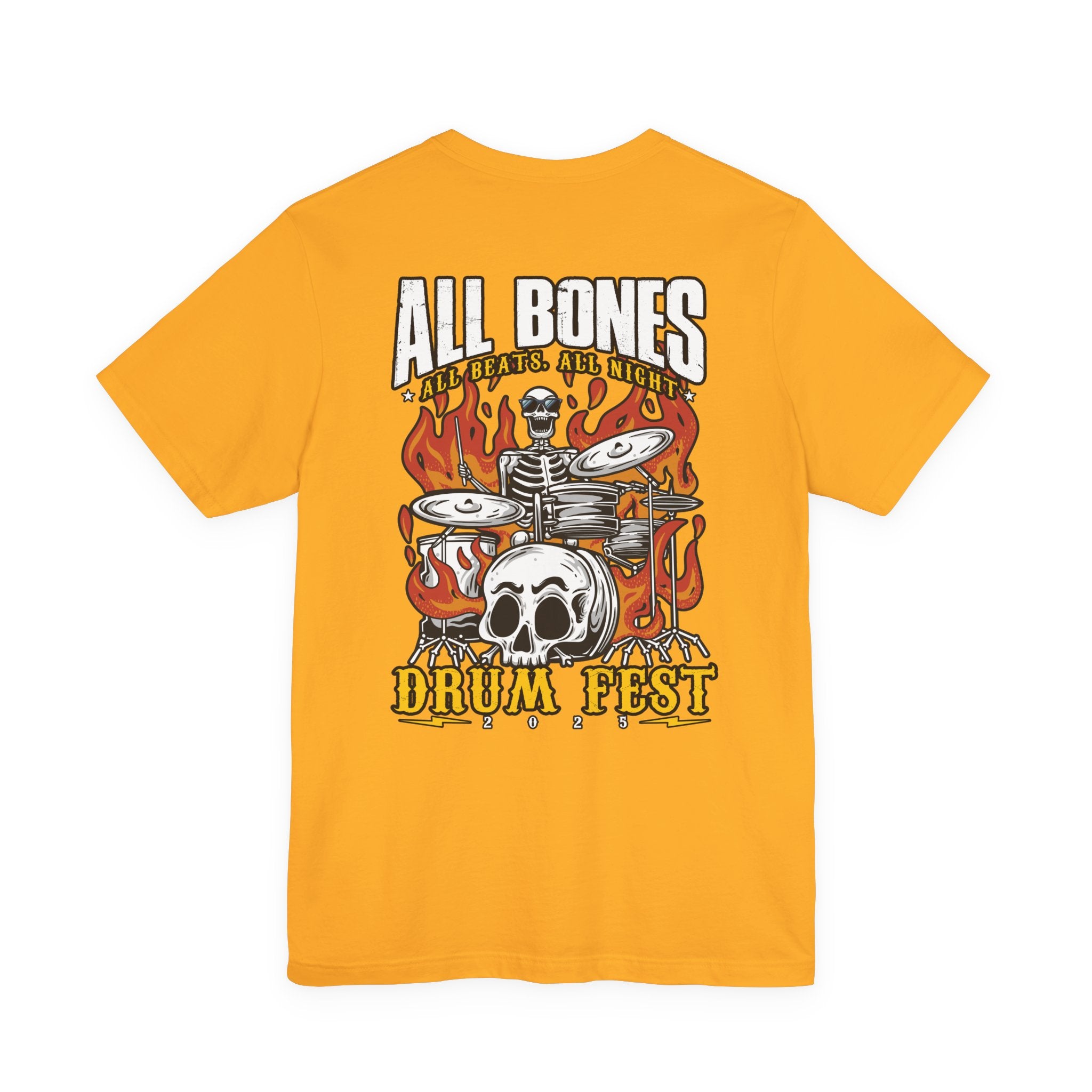 All Bones Drum Fest 2025 T-Shirt – Skeleton Drummer Fiery Rock Design