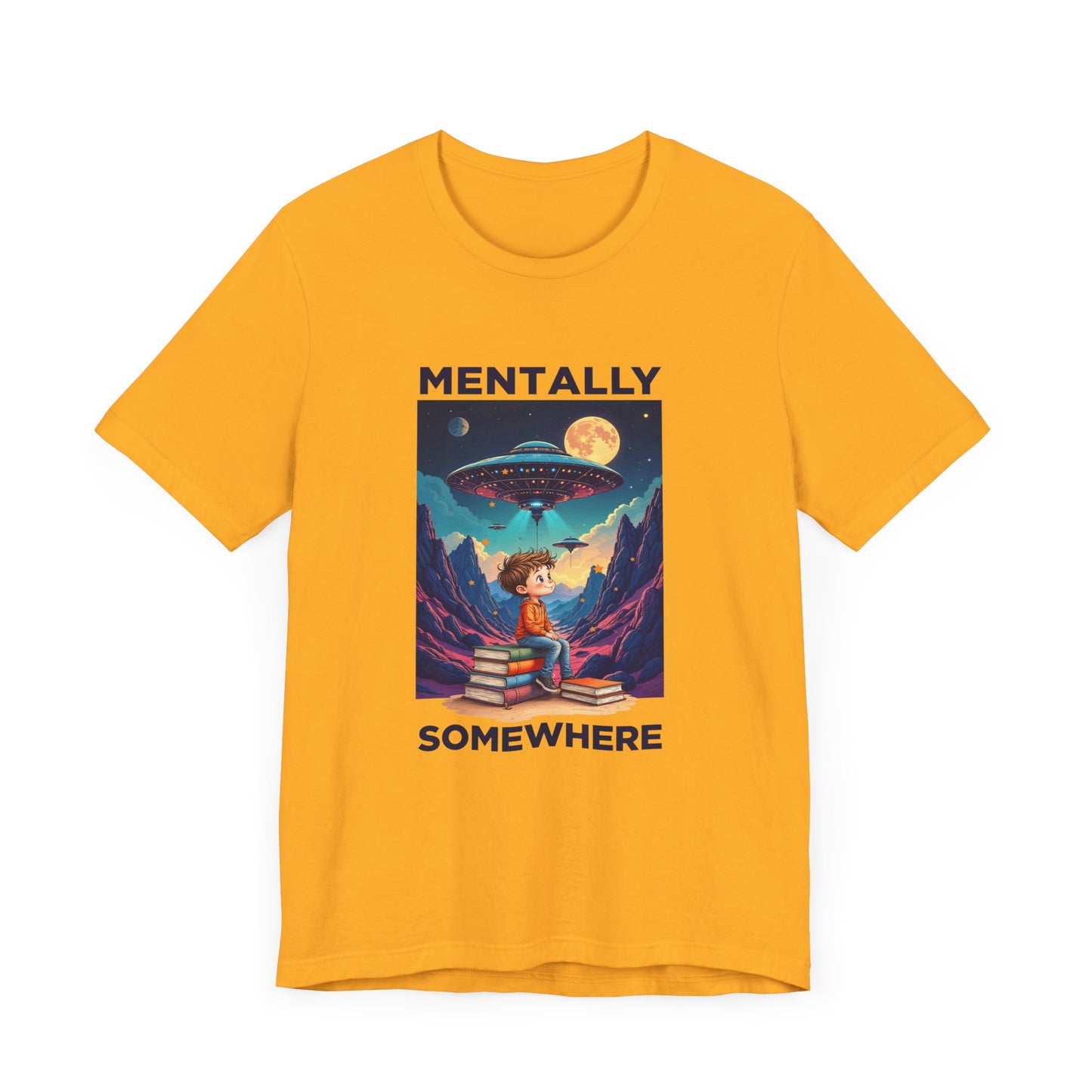 Mentally Somewhere Else – Boy on Books with Space Scene Graphic T-Shirt