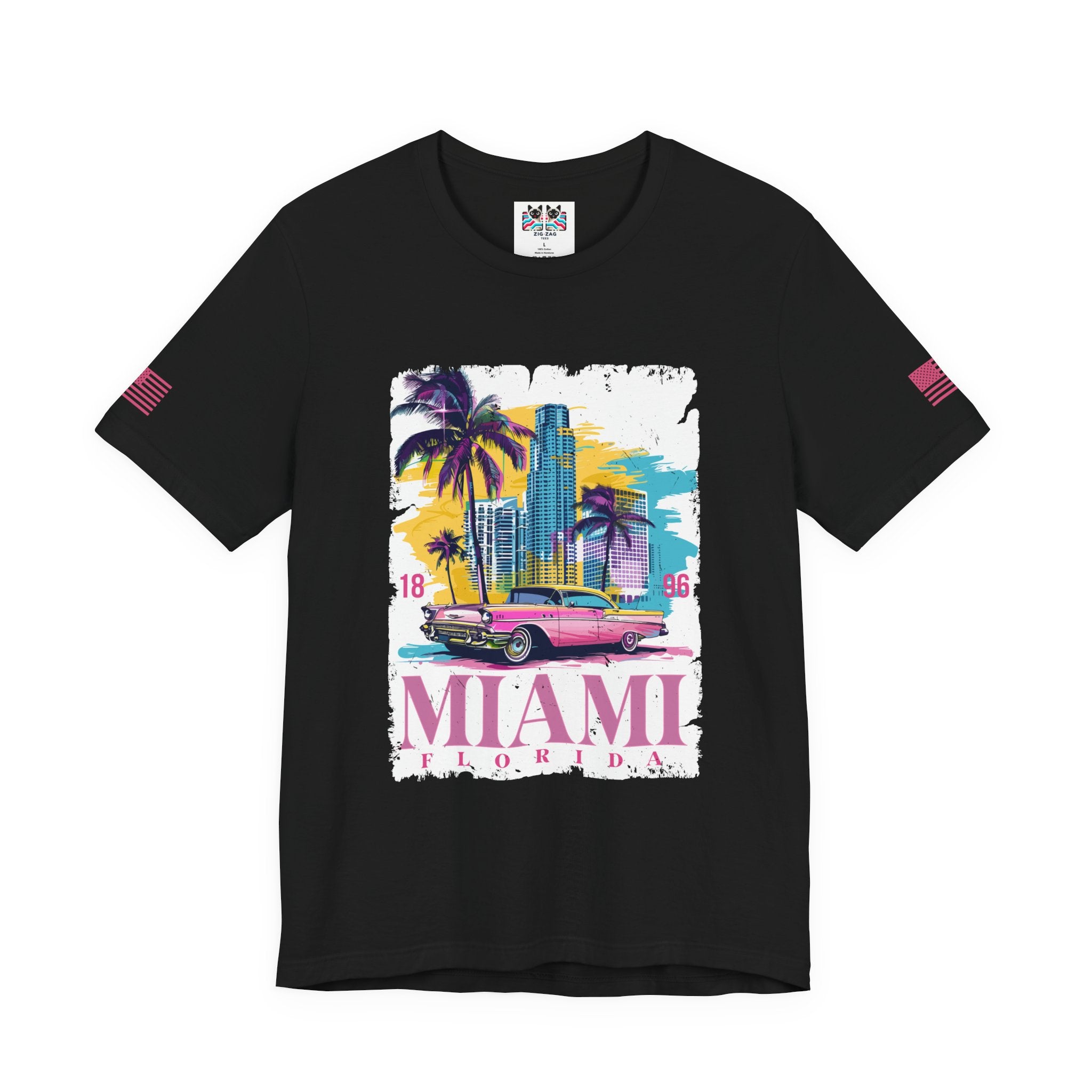 Miami Florida 1896 T-Shirt – Pink Classic Car Palm Tree Skyline Colorful Graphic Tee