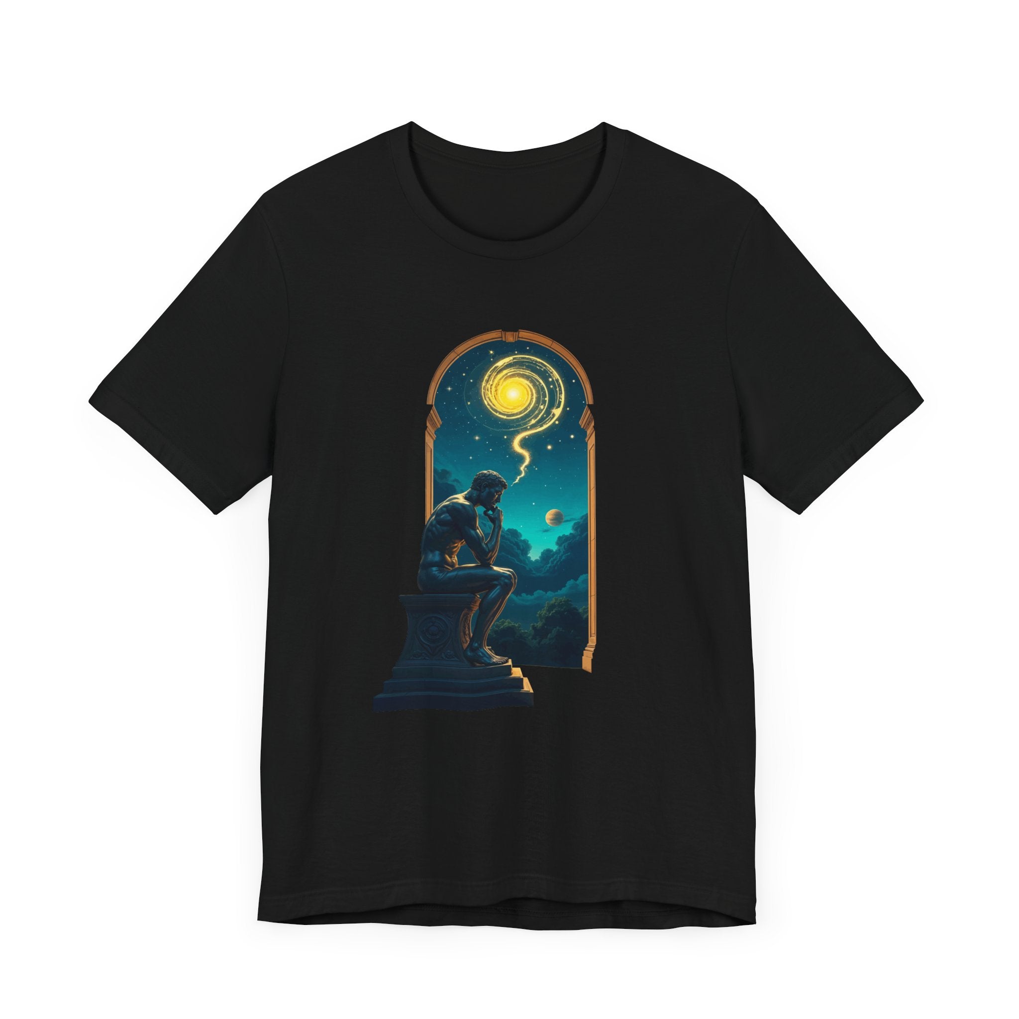 Muscular Statue Deep in Thought on Stage with Scenic Window View Graphic T-Shirt