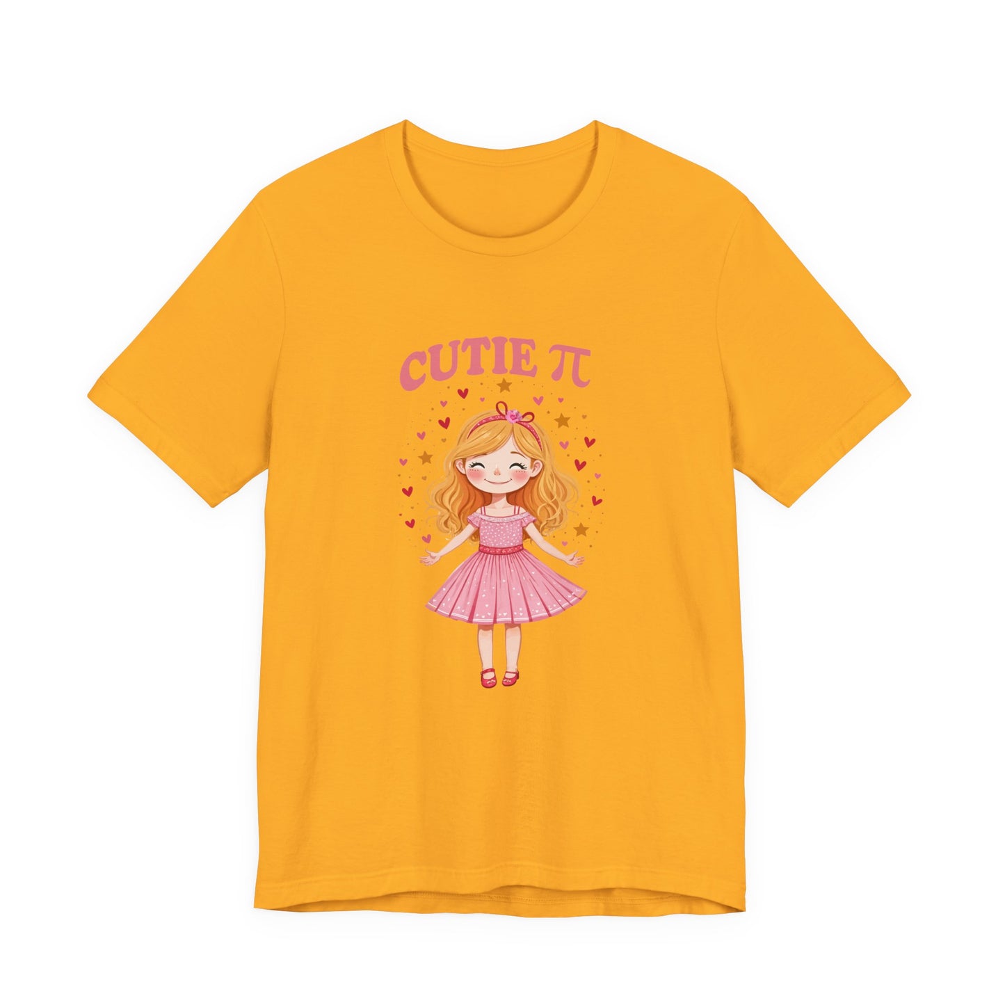 Cutie Pi Tshirt – Happy Girl with Pi Symbol, Hearts, and Stars Graphic