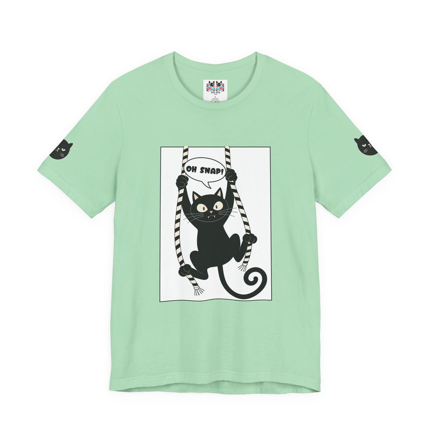 Oh Snap Funny Cat T-Shirt – Cat Hanging from Blinds Mischievous Kitten Humor Graphic Tee