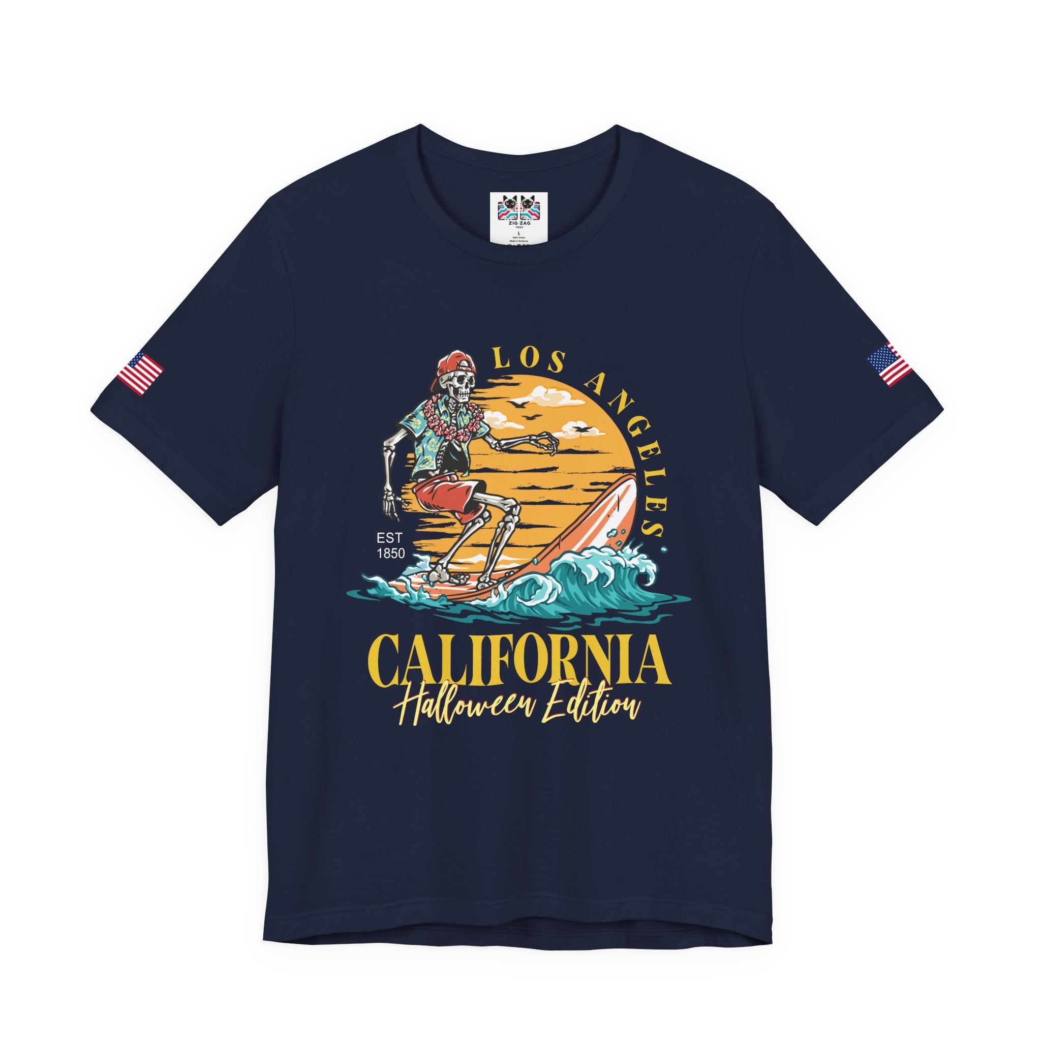 Los Angeles California Halloween Edition T-Shirt – Skeleton Surfer Beach EST 1850 Tee