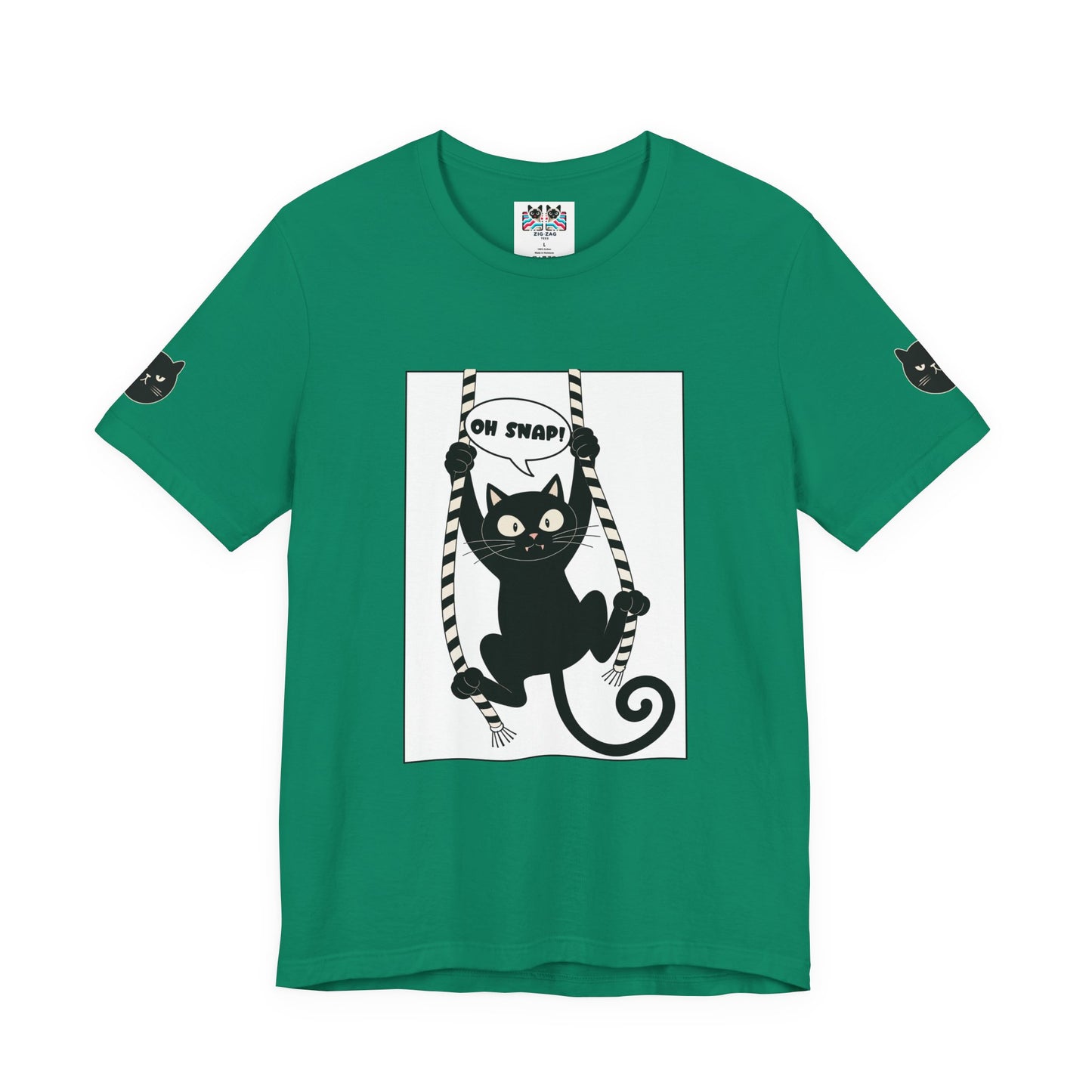 Oh Snap Funny Cat T-Shirt – Cat Hanging from Blinds Mischievous Kitten Humor Graphic Tee