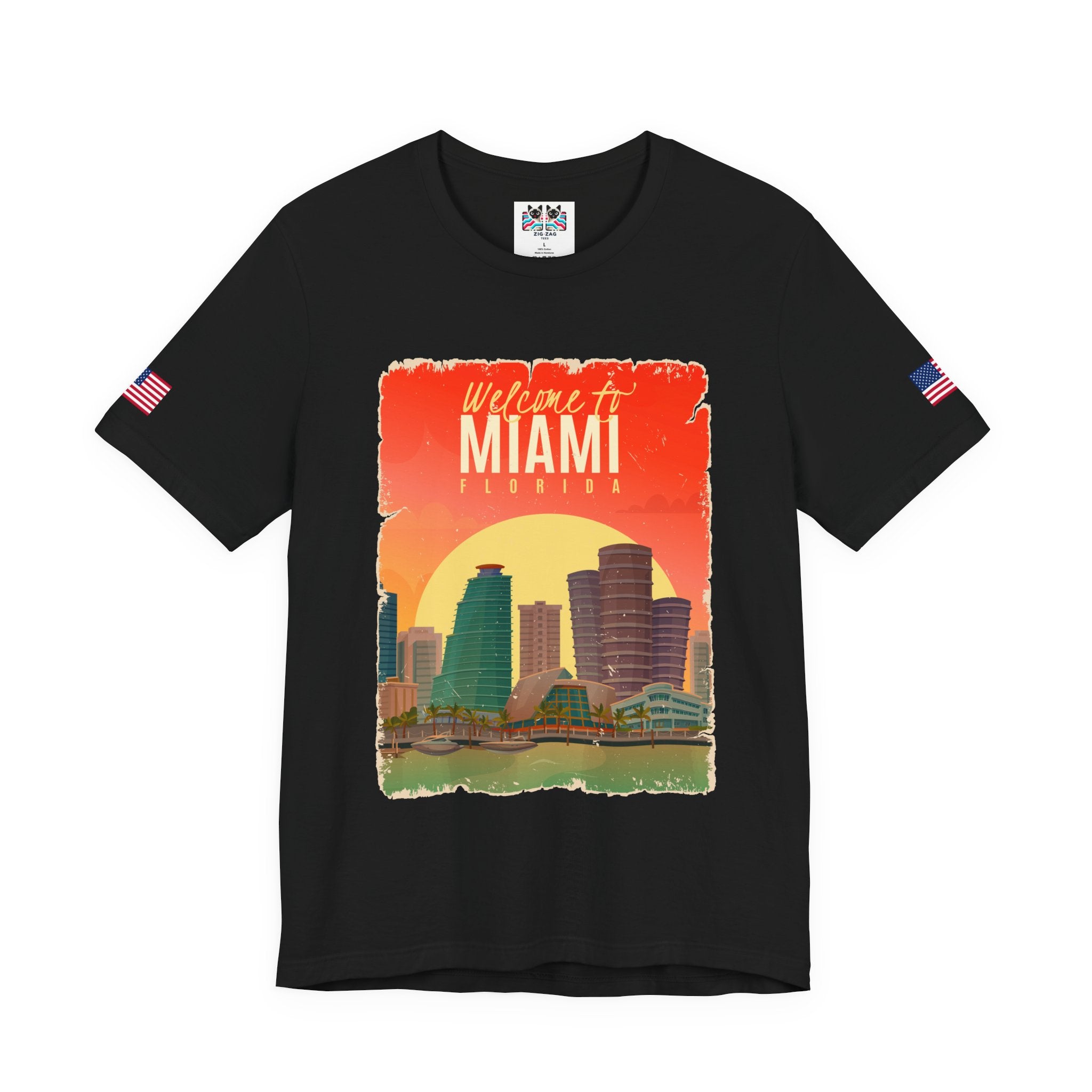 Welcome to Miami Florida T-Shirt – Vintage Retro Skyline Sunset Poster Graphic Tee