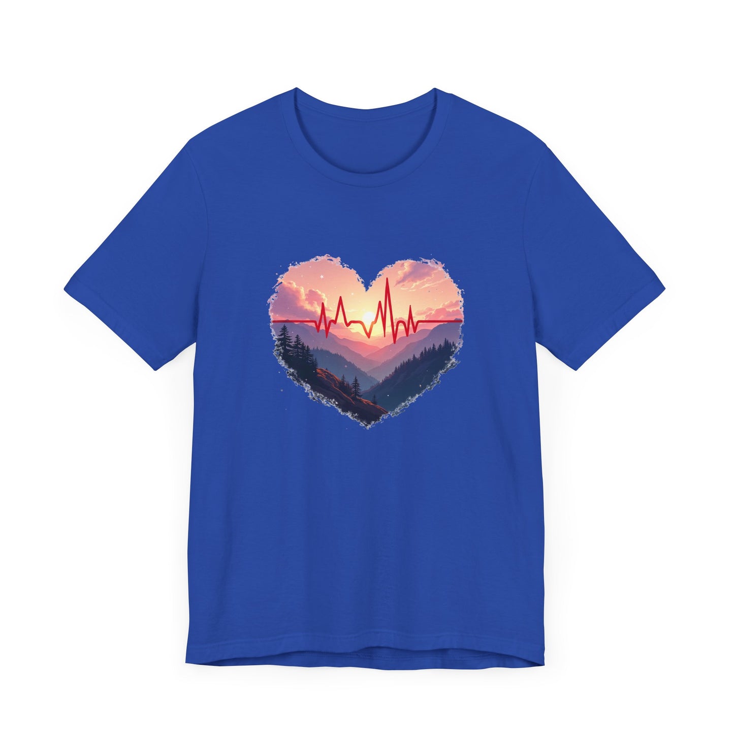 Heart-Shaped Majestic Mountains Landscape with Bold Red Lifeline Graphic T-Shirt