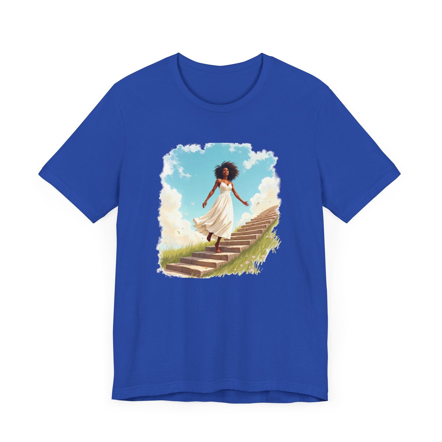 Graceful Woman in White Dress Walking on Stairs – Blue Sky & Green Ground Graphic T-Shirt