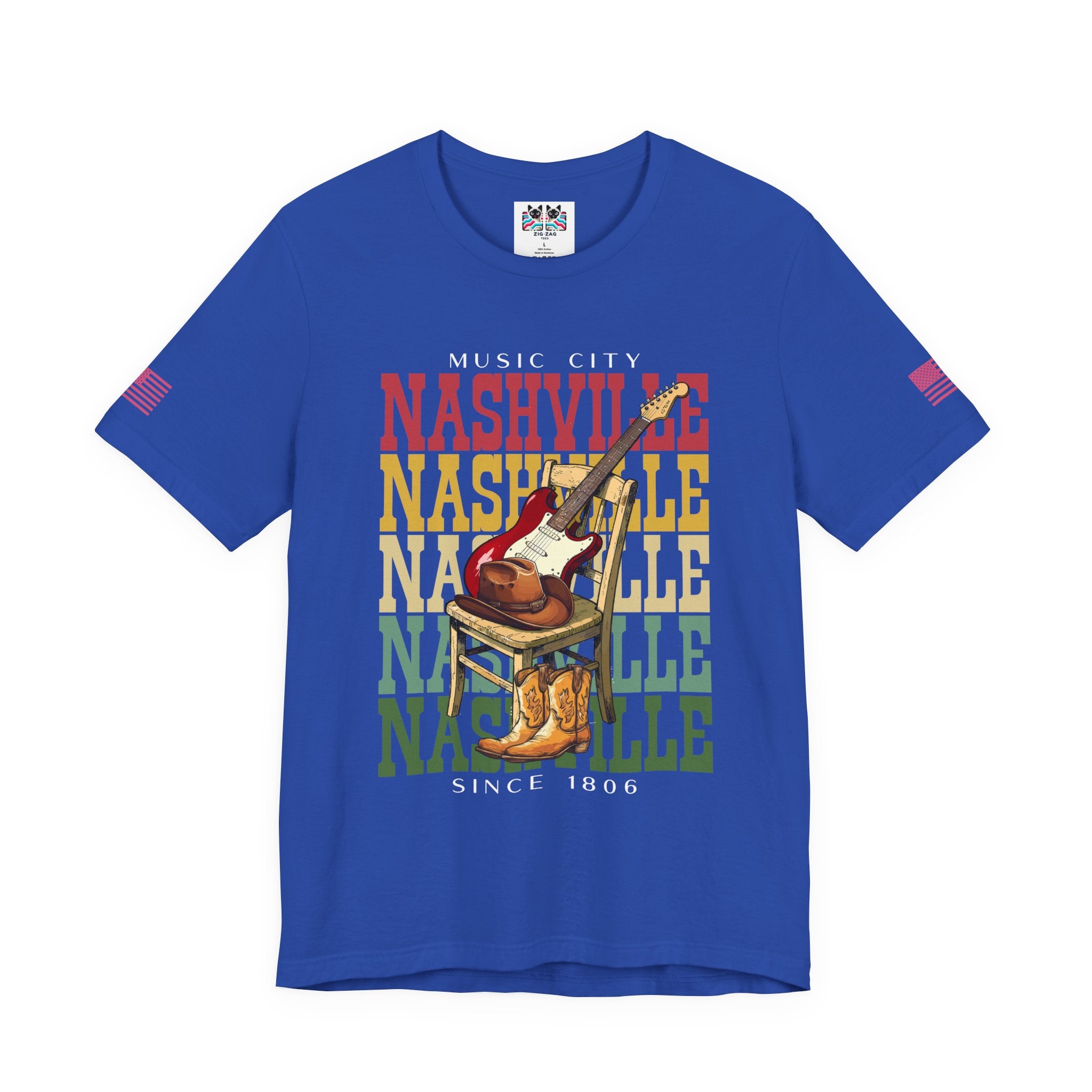 Music City Nashville T-Shirt – Stacked Repeat Typography Electric Guitar Cowboy Hat & Boots Graphic Tee Since 1806