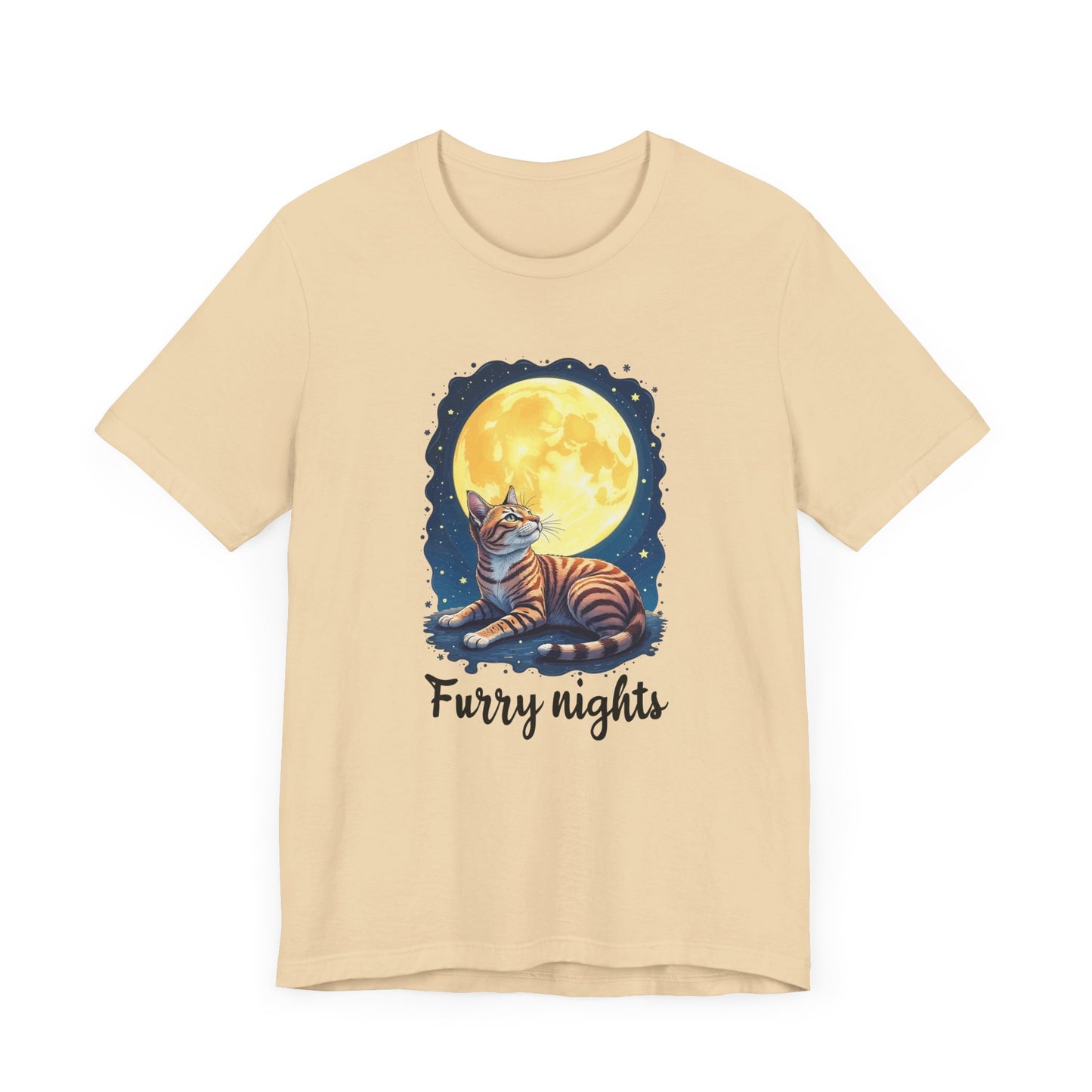Moon Bath  - Furry Nights – Cat Watching Full Moon and Starry Sky Graphic T-Shirt