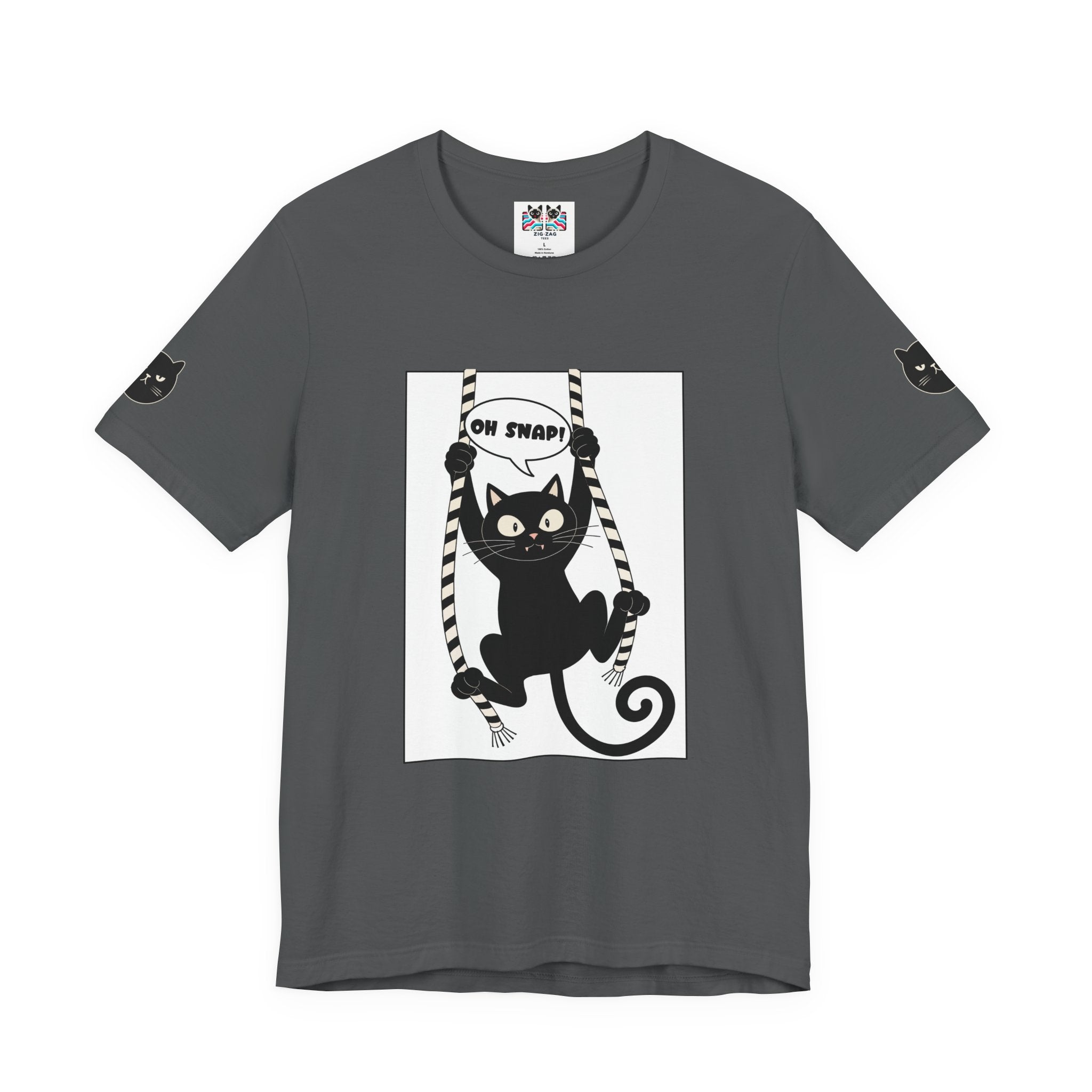 Oh Snap Funny Cat T-Shirt – Cat Hanging from Blinds Mischievous Kitten Humor Graphic Tee
