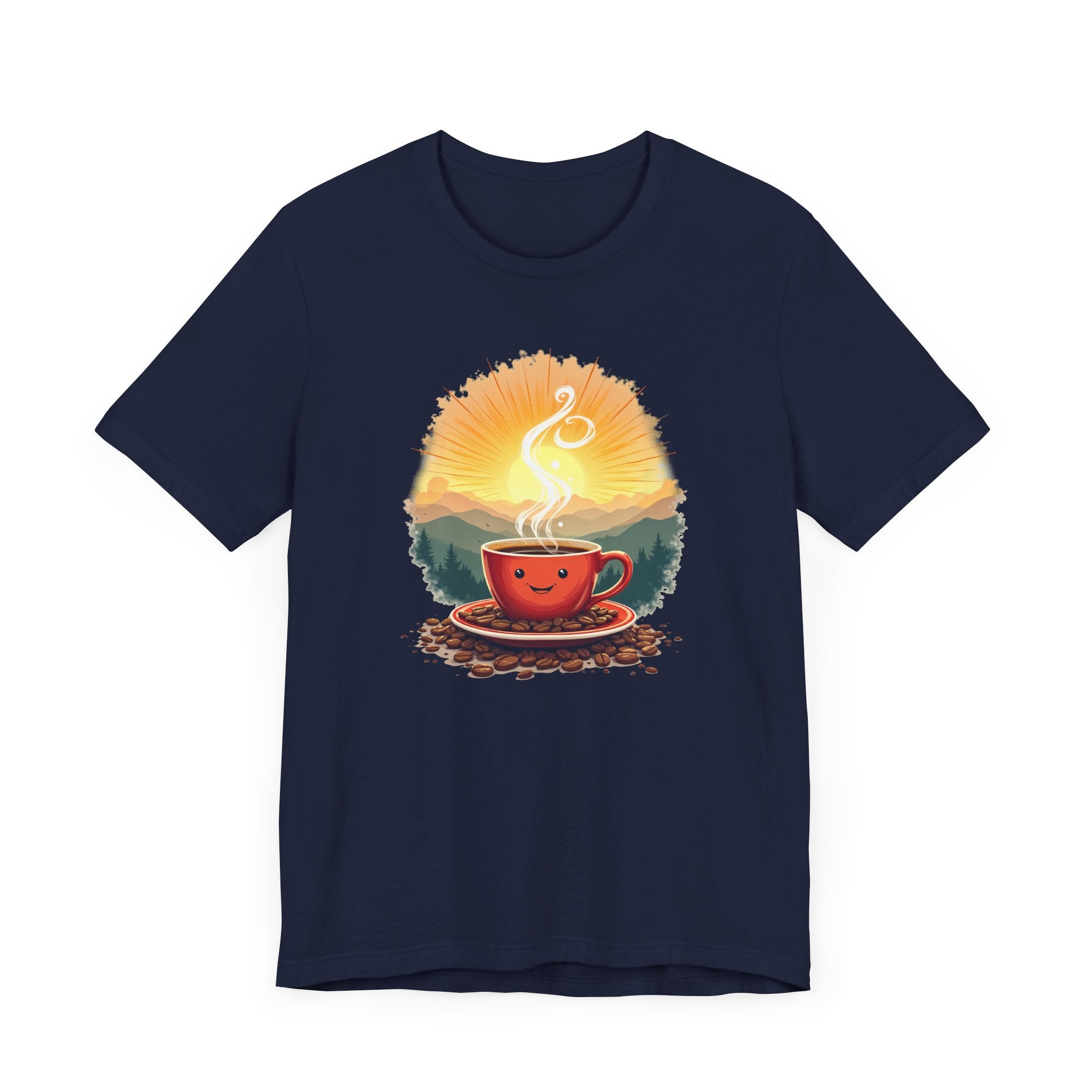 Sunrise Coffee Cup with Coffee Beans and Radiant Morning Glow Graphic T-Shirt