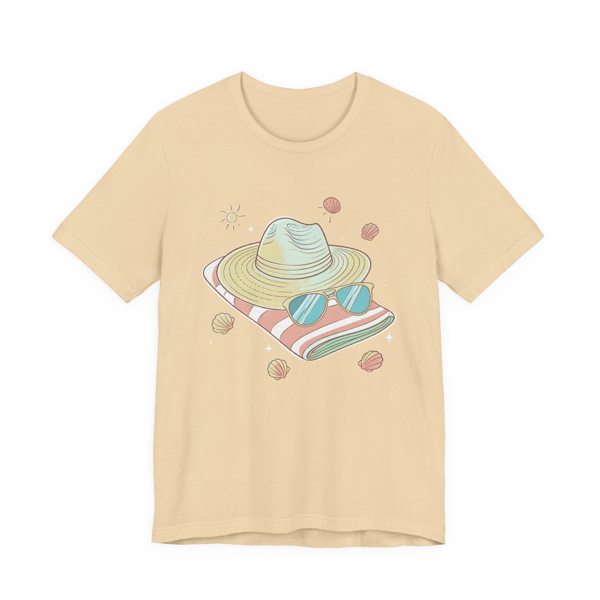 Sun Kissed & Carefree Beach Day Essentials – Towel, Sunglasses & Hat with Sun and Seashells Graphic T-Shirt