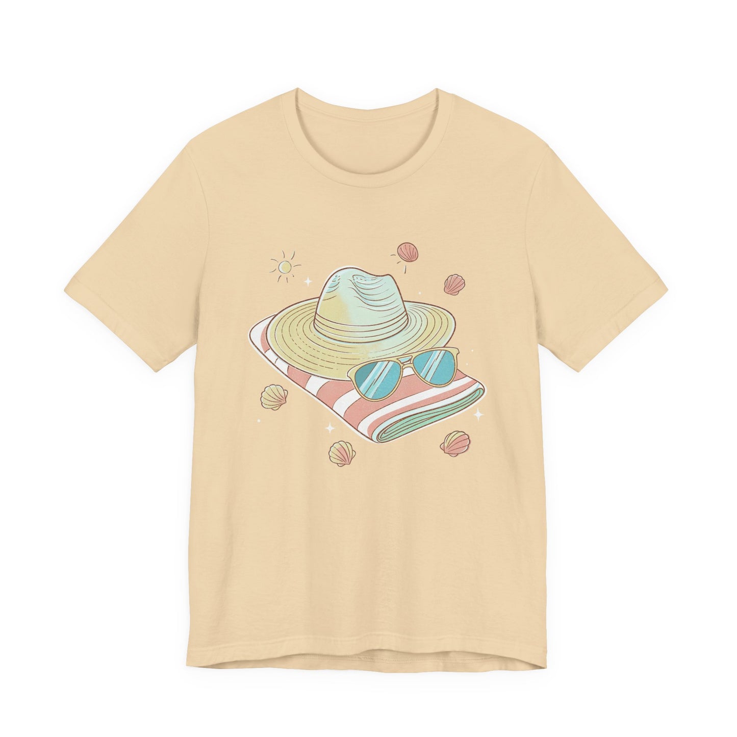 Sun Kissed & Carefree Beach Day Essentials – Towel, Sunglasses & Hat with Sun and Seashells Graphic T-Shirt