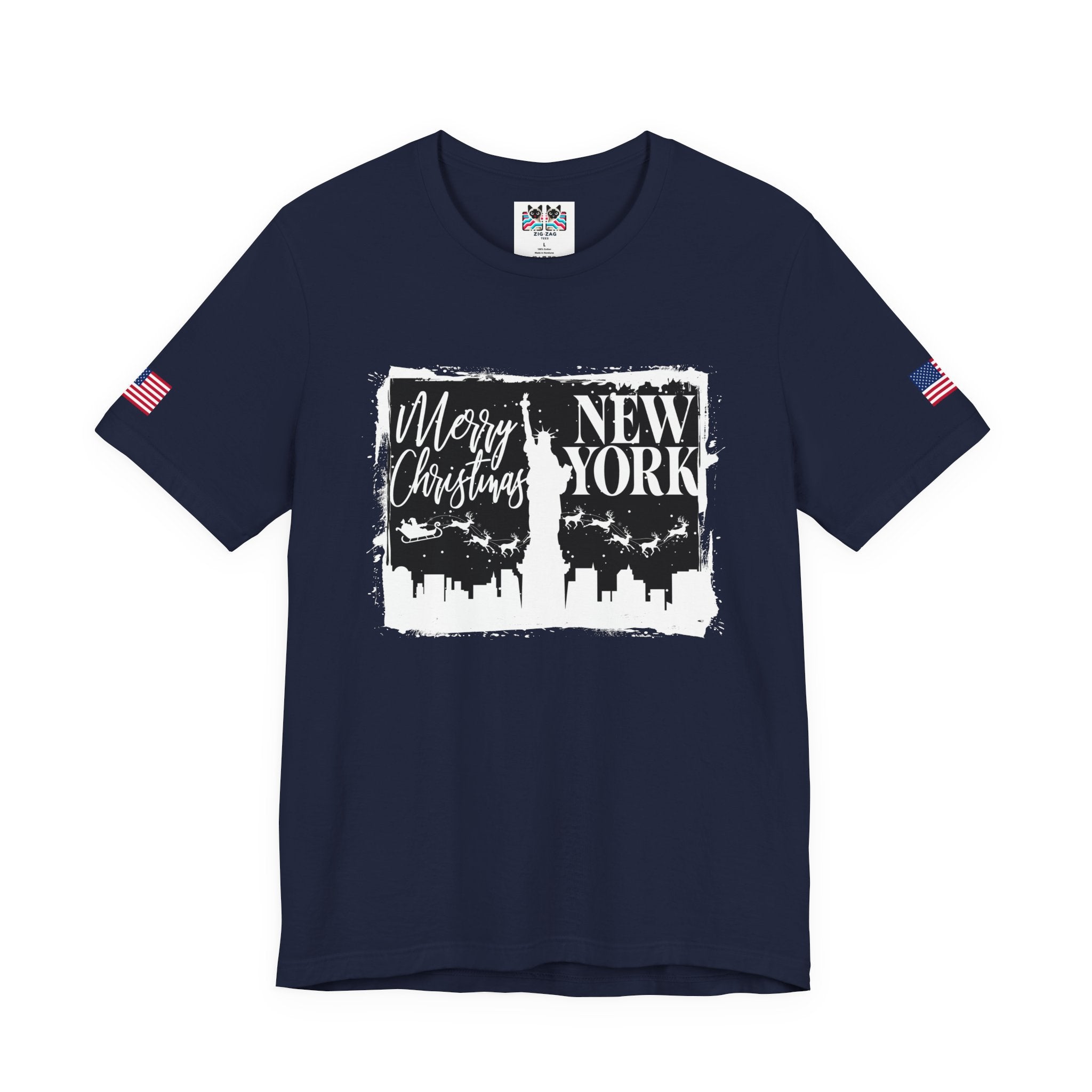 Merry Christmas New York T-Shirt - NYC Holiday Skyline with Santa & Statue of Liberty