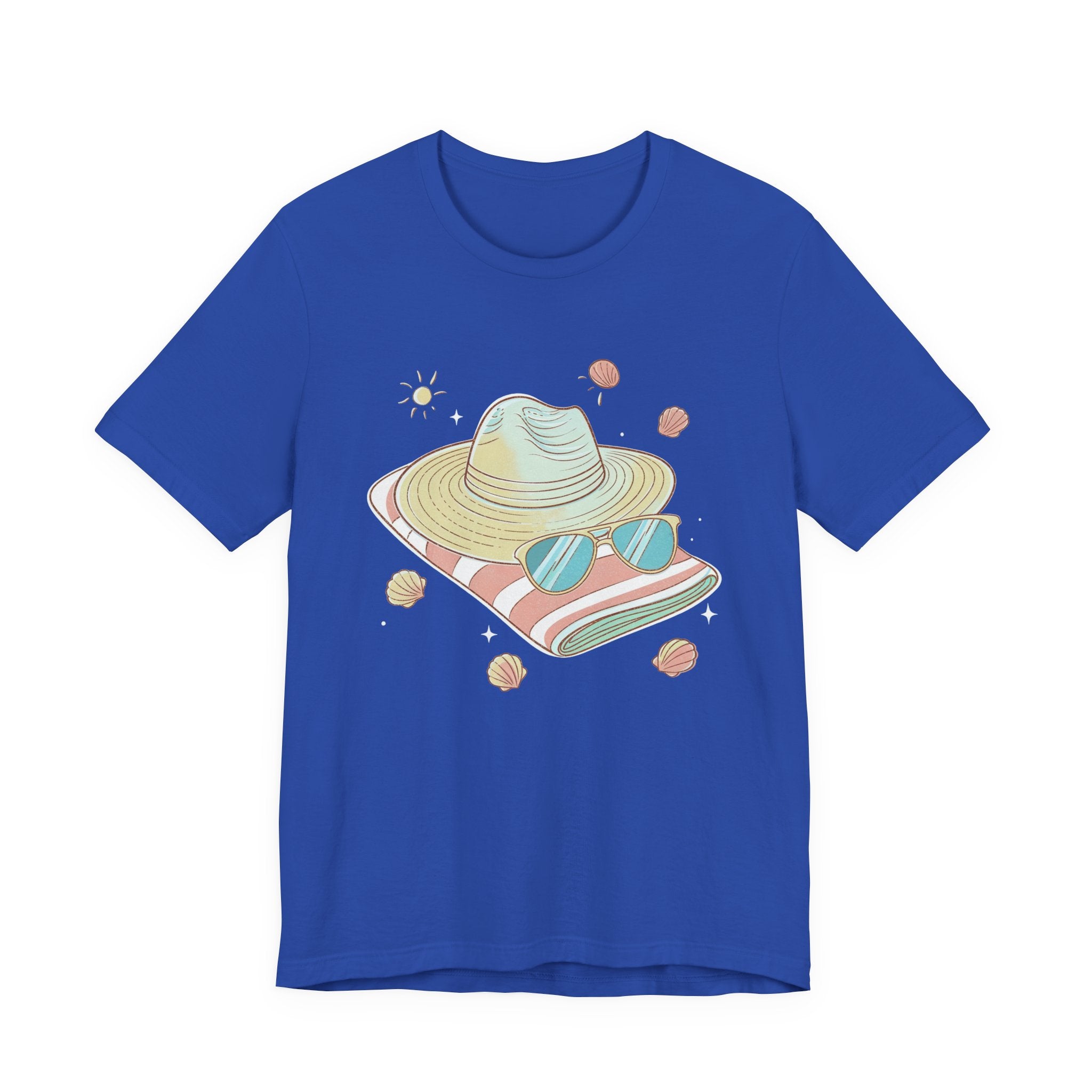 Sun Kissed & Carefree Beach Day Essentials – Towel, Sunglasses & Hat with Sun and Seashells Graphic T-Shirt