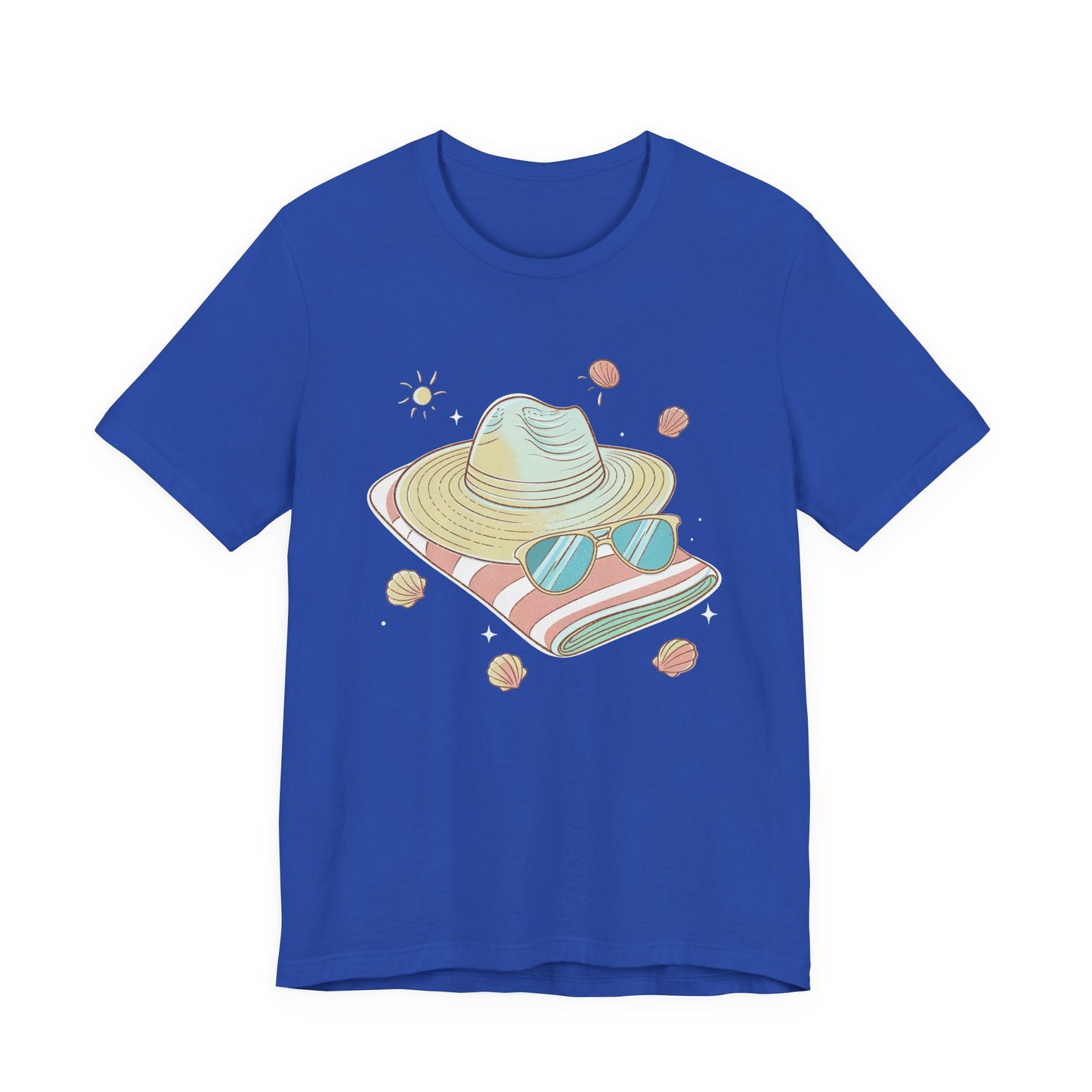 Sun Kissed & Carefree Beach Day Essentials – Towel, Sunglasses & Hat with Sun and Seashells Graphic T-Shirt