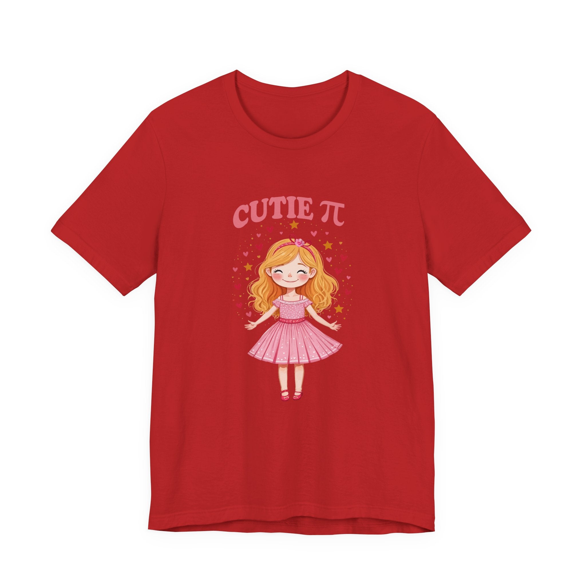 Cutie Pi Tshirt – Happy Girl with Pi Symbol, Hearts, and Stars Graphic