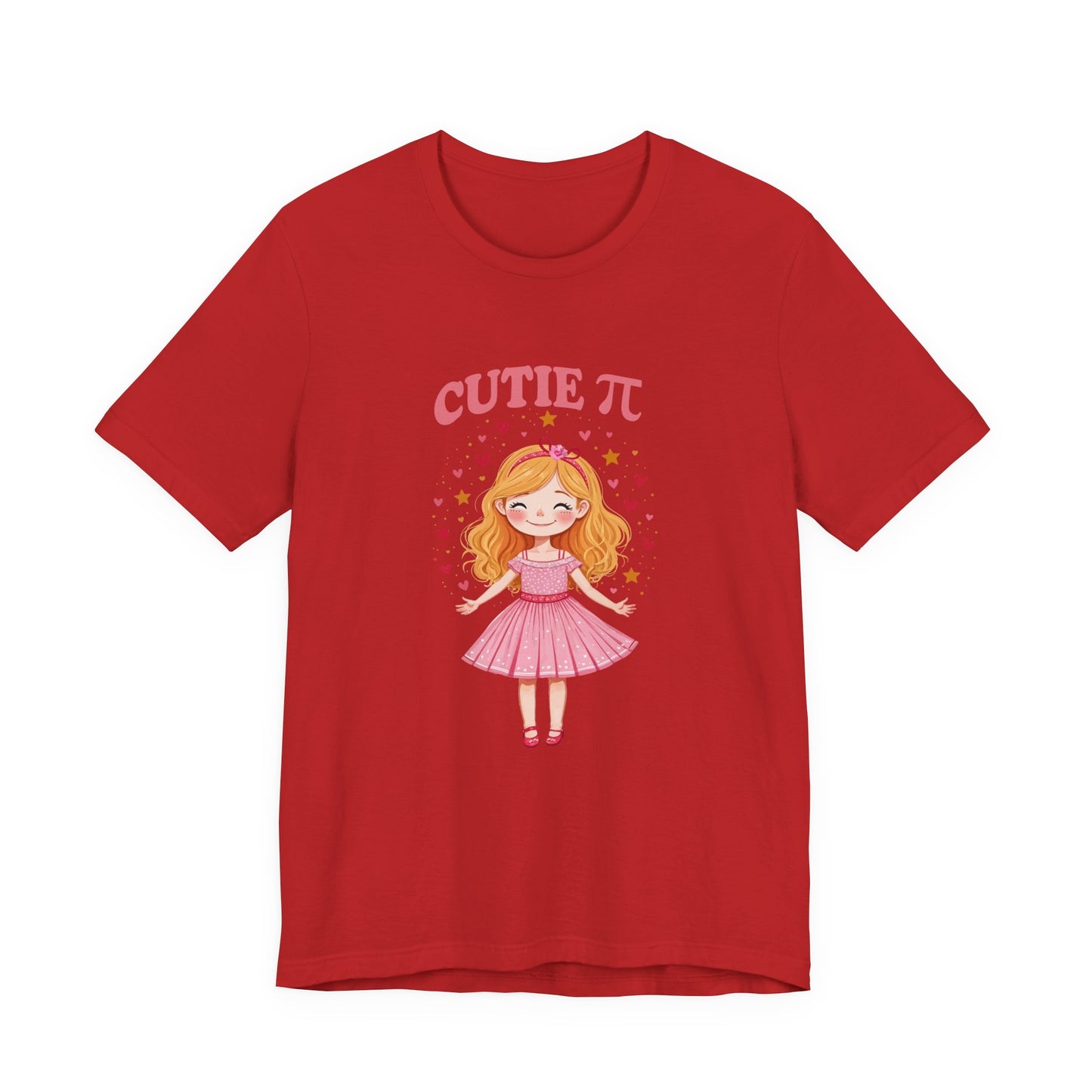 Cutie Pi Tshirt – Happy Girl with Pi Symbol, Hearts, and Stars Graphic