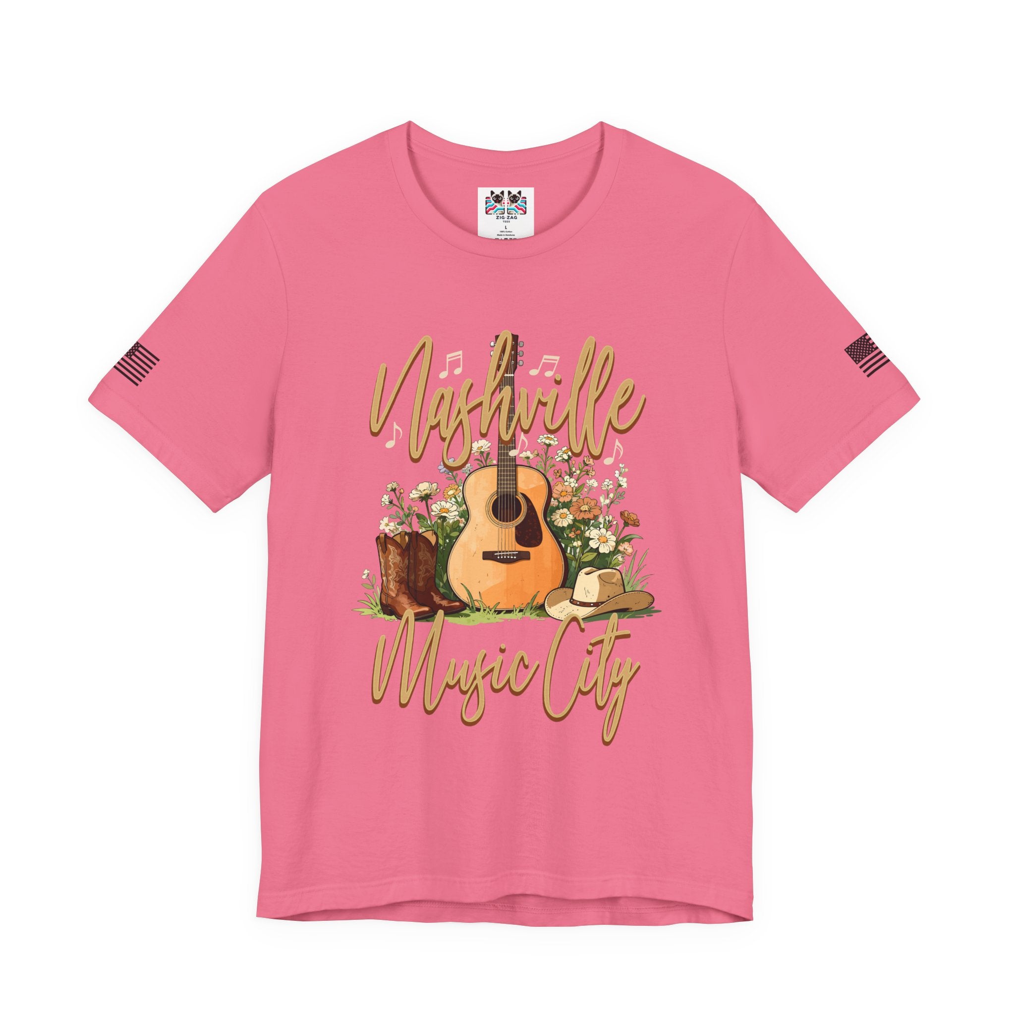 Nashville Music City T-Shirt – Acoustic Guitar Cowboy Hat Boots Floral Script Graphic Tee
