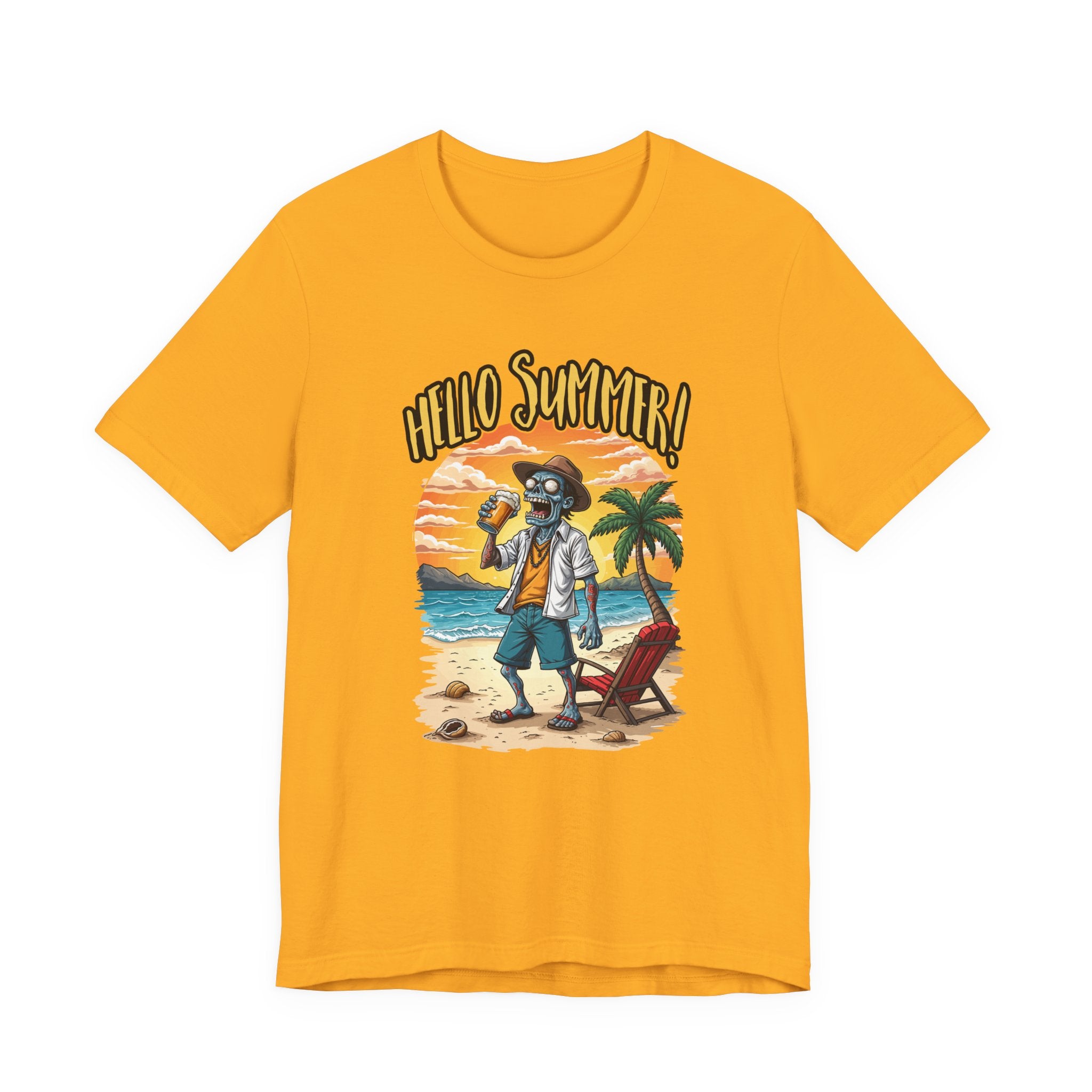 Hello Summer Tshirt Old Zombie with Cap, Beer Glass, Beach, Palm Trees & Reclining Chair