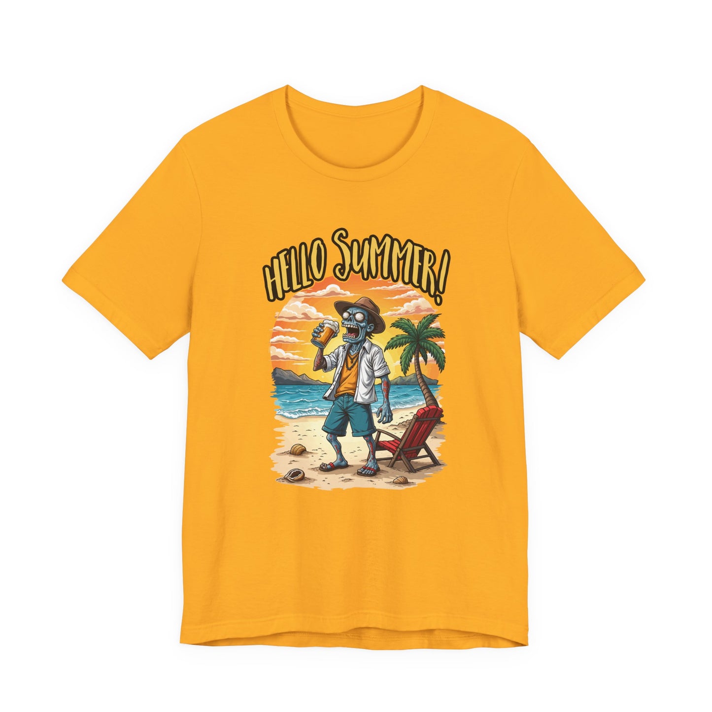 Hello Summer Tshirt Old Zombie with Cap, Beer Glass, Beach, Palm Trees & Reclining Chair