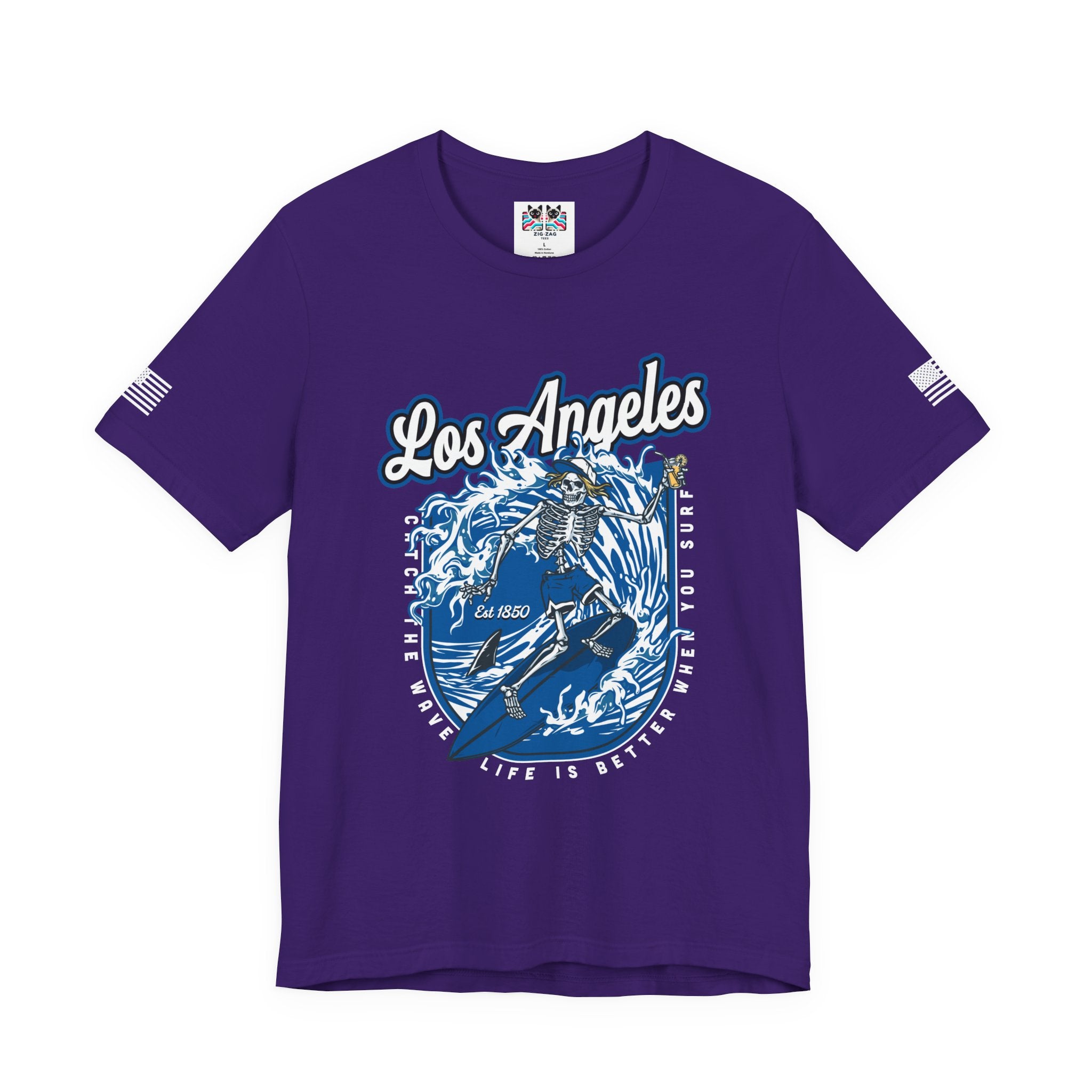 Los Angeles Skeleton Surfer T-Shirt – Life Is Better When You Surf CA EST 1850 Tee