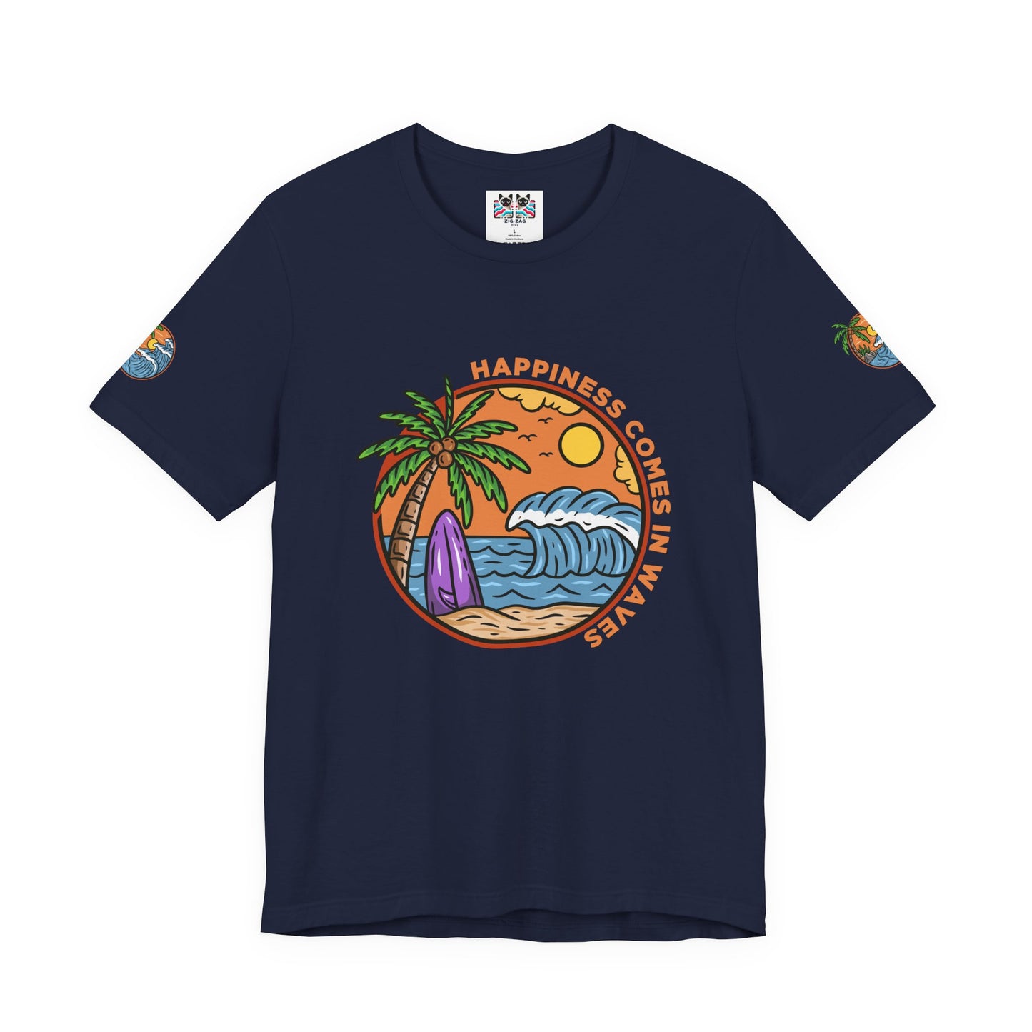 Happiness Comes in Waves T-Shirt – Beach Surf Palm Tree Ocean Graphic Tee