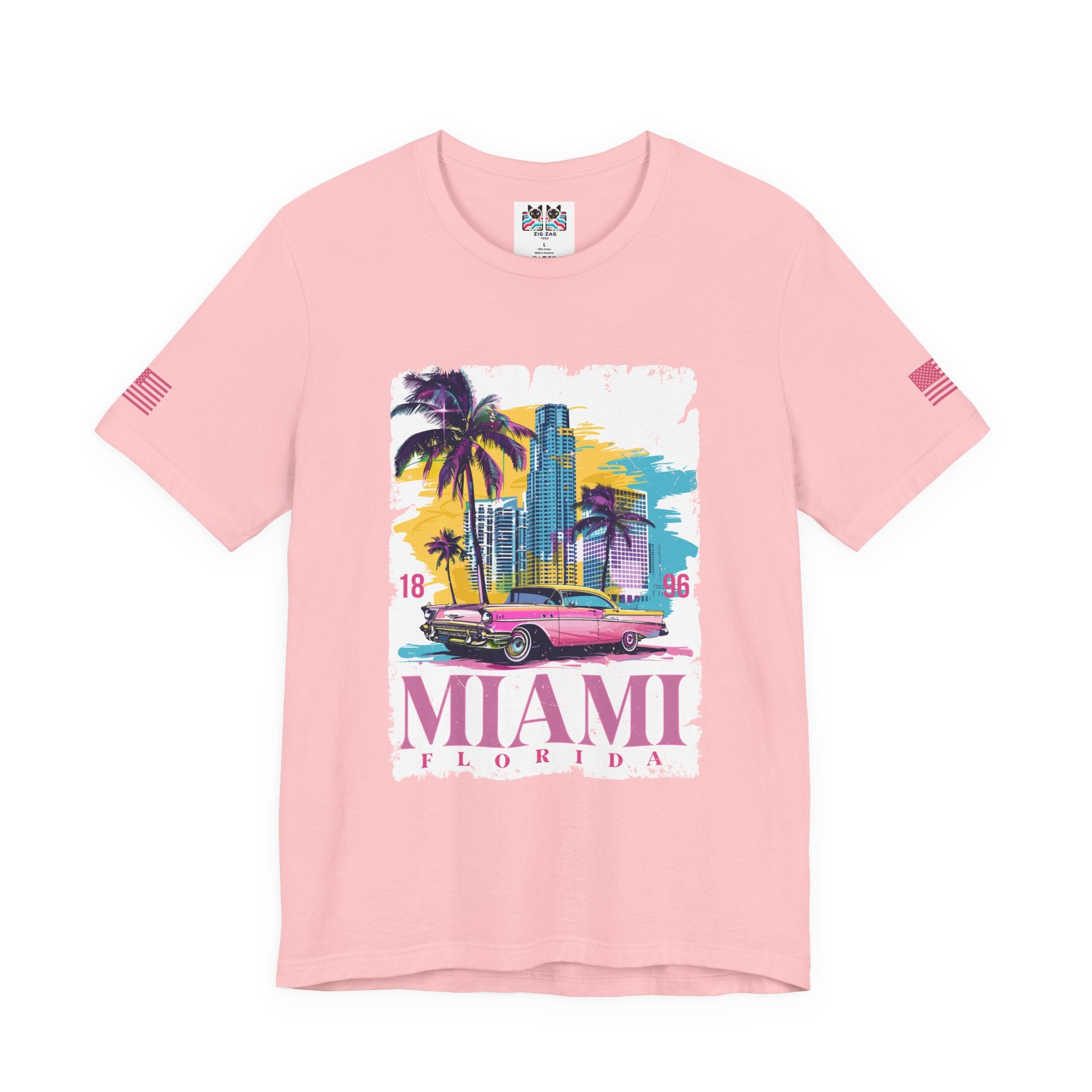 Miami Florida 1896 T-Shirt – Pink Classic Car Palm Tree Skyline Colorful Graphic Tee