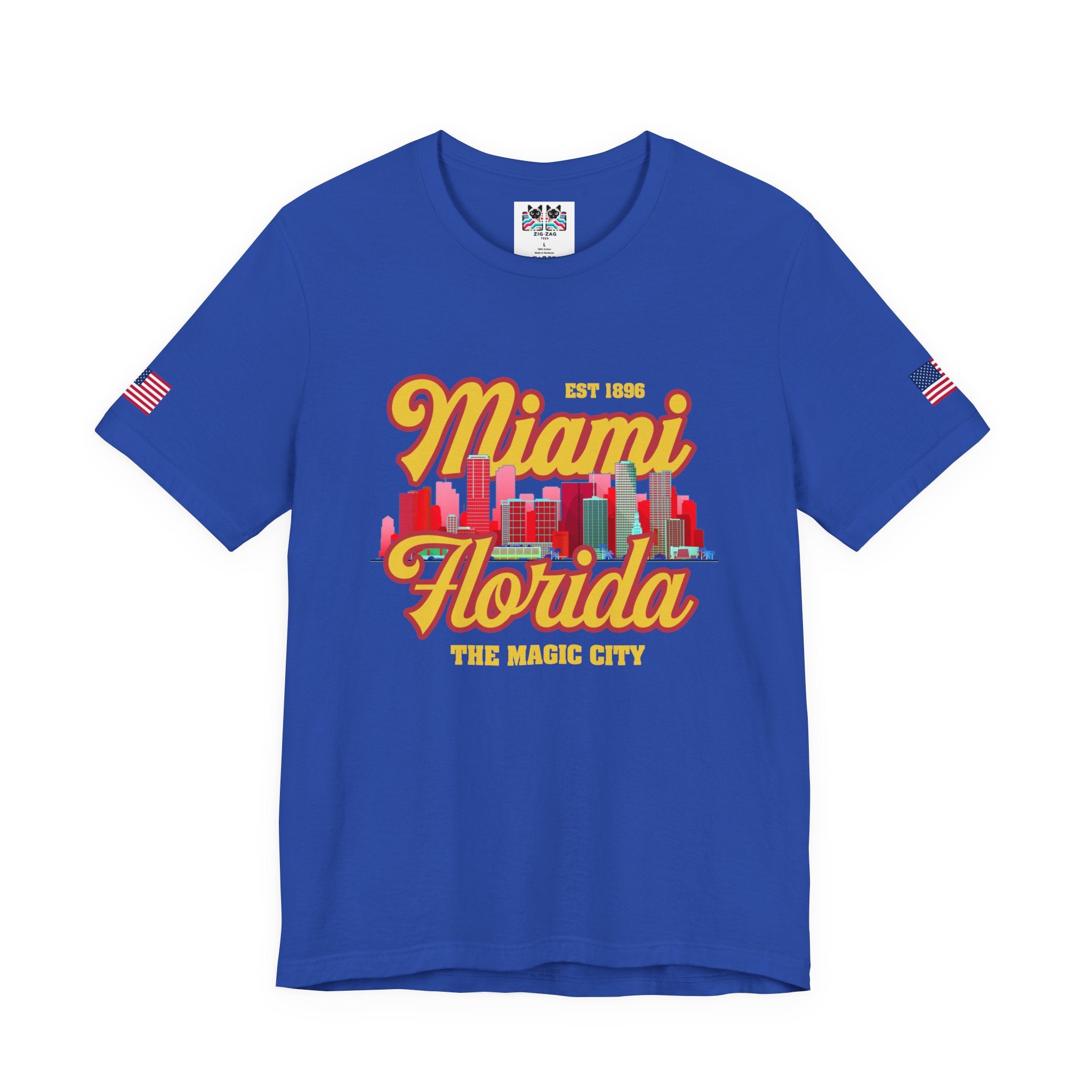 Miami Florida EST 1896 The Magic City T-Shirt – Retro Script Colorful Skyline Tee