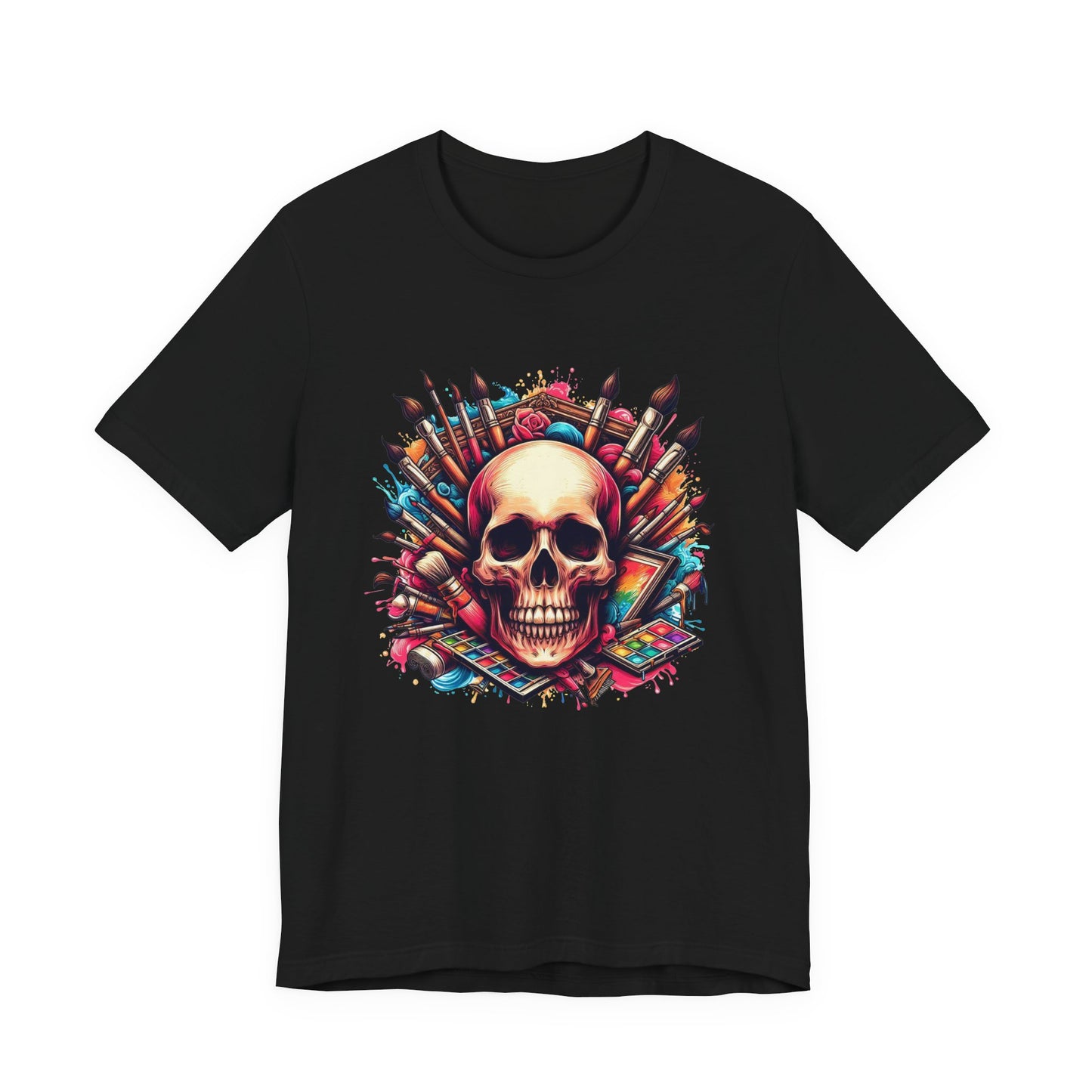 Art Is Not Dead Tshirt – Skull with Stacked Art Supplies Circular Graphic