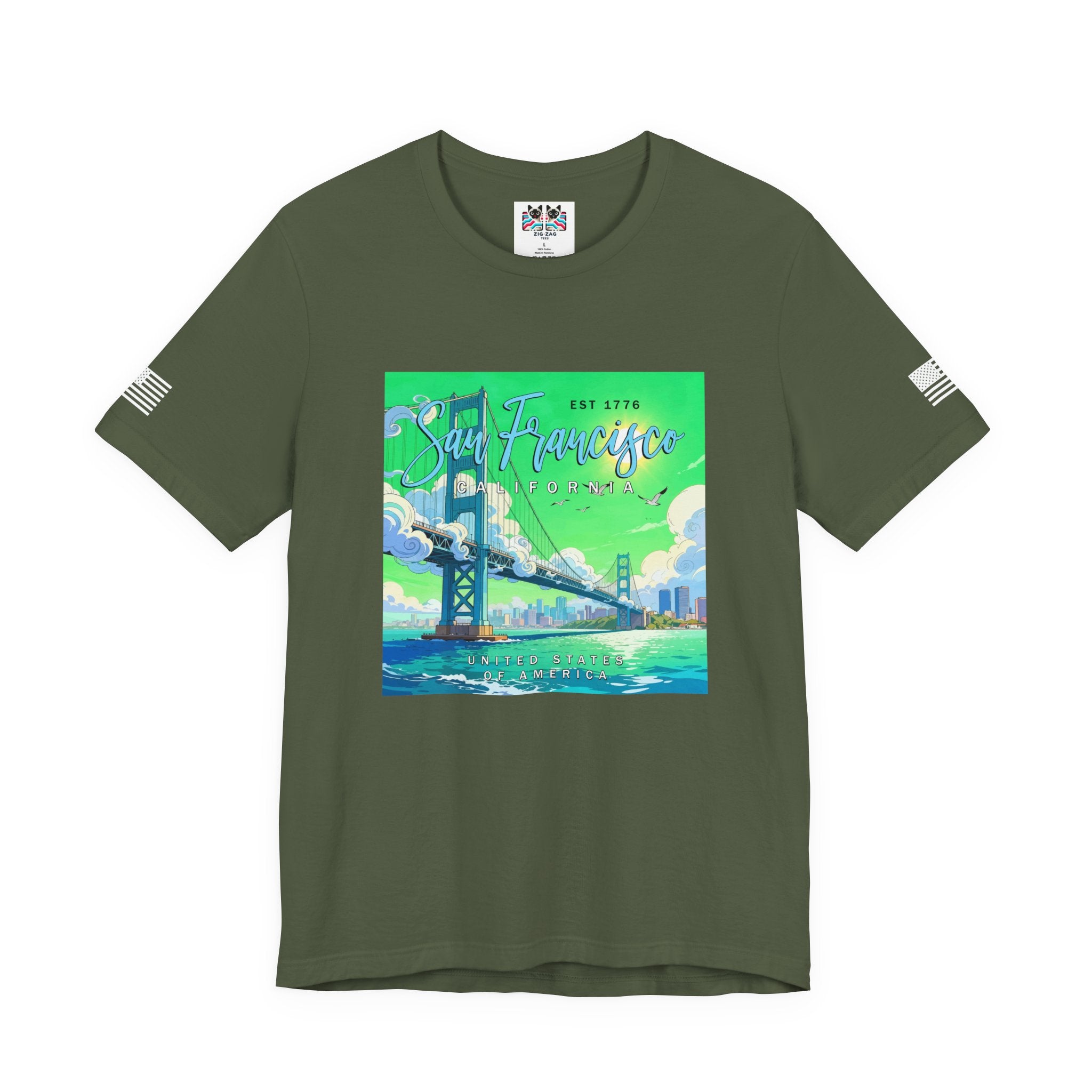 San Francisco California Est 1776 T-Shirt – Golden Gate Bridge Illustrated Graphic Tee United States of America