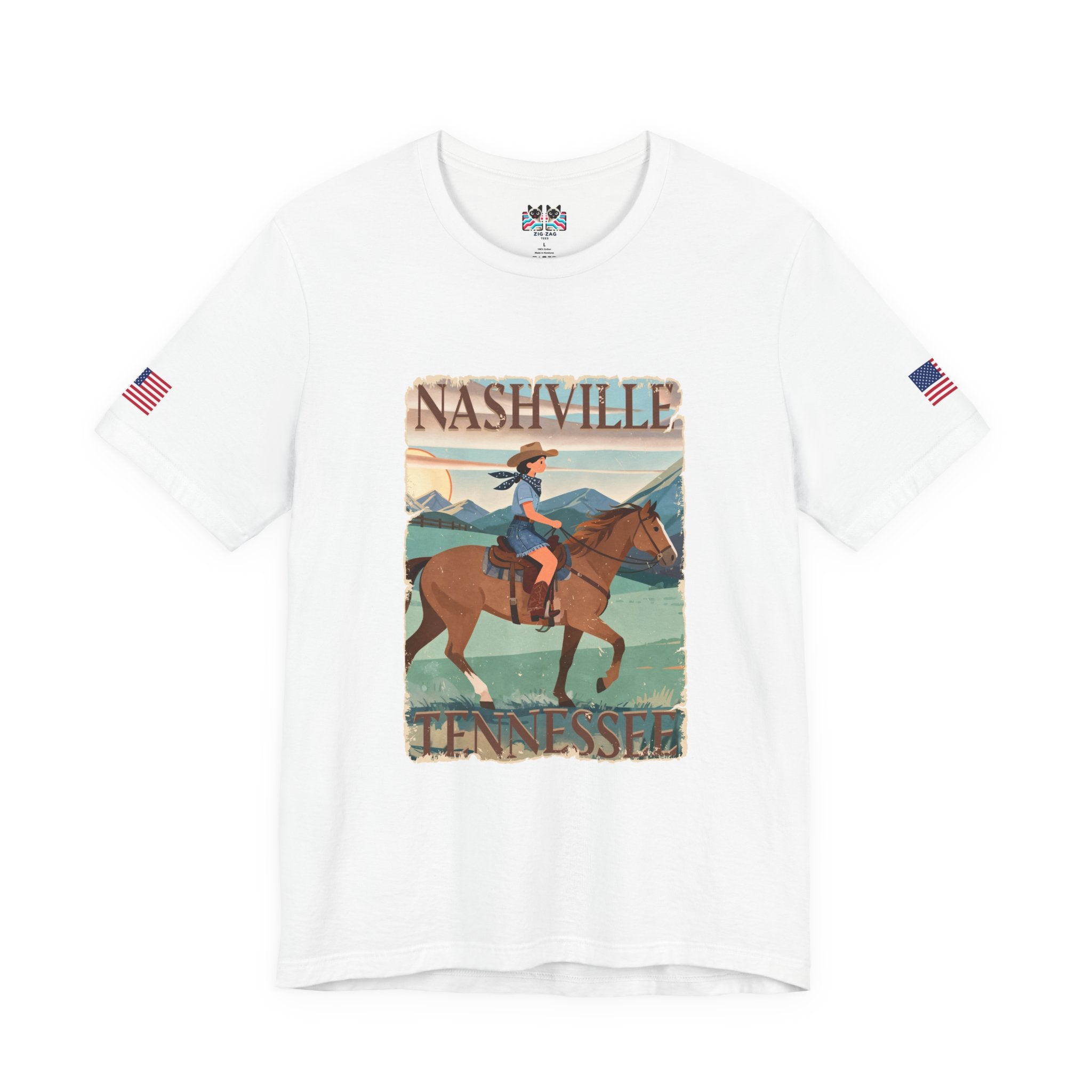 Nashville Tennessee T-Shirt – Vintage Cowgirl Horseback Riding Travel Poster Style Graphic Tee