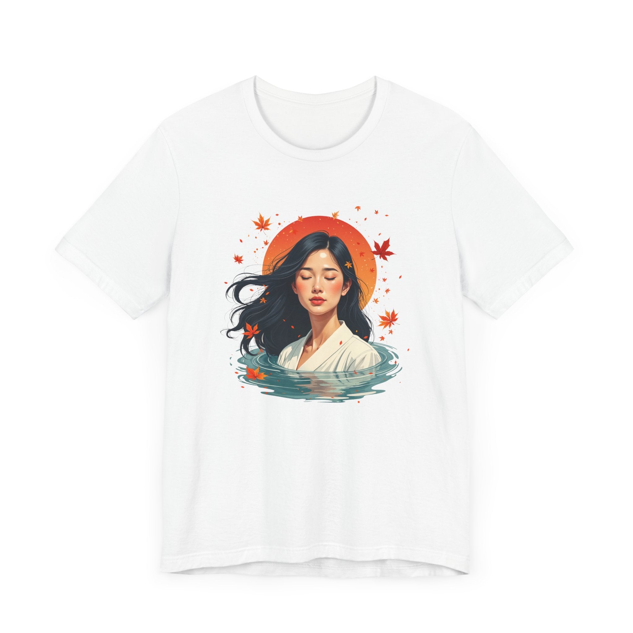 Serene Woman in White Dress Chest-Deep in Water with Sunset and Falling Leaves Graphic T-Shirt