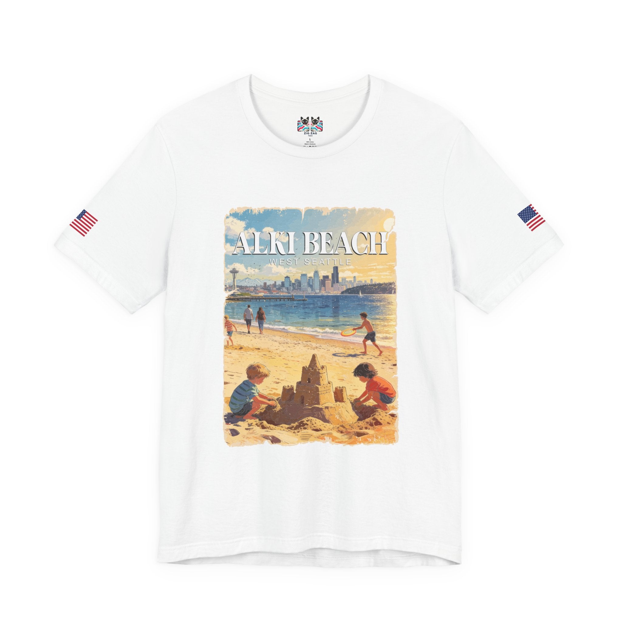 Alki Beach West Seattle Vintage Travel Poster Graphic T-Shirt | West Seattle Souvenir Tee | Puget Sound Beach Shirt