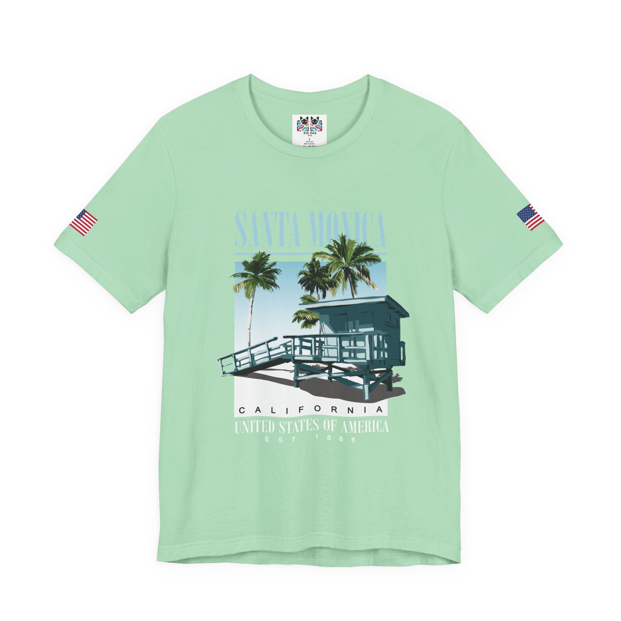 Santa Monica California EST 1886 T-Shirt – Lifeguard Tower Palm Tree Beach Tee