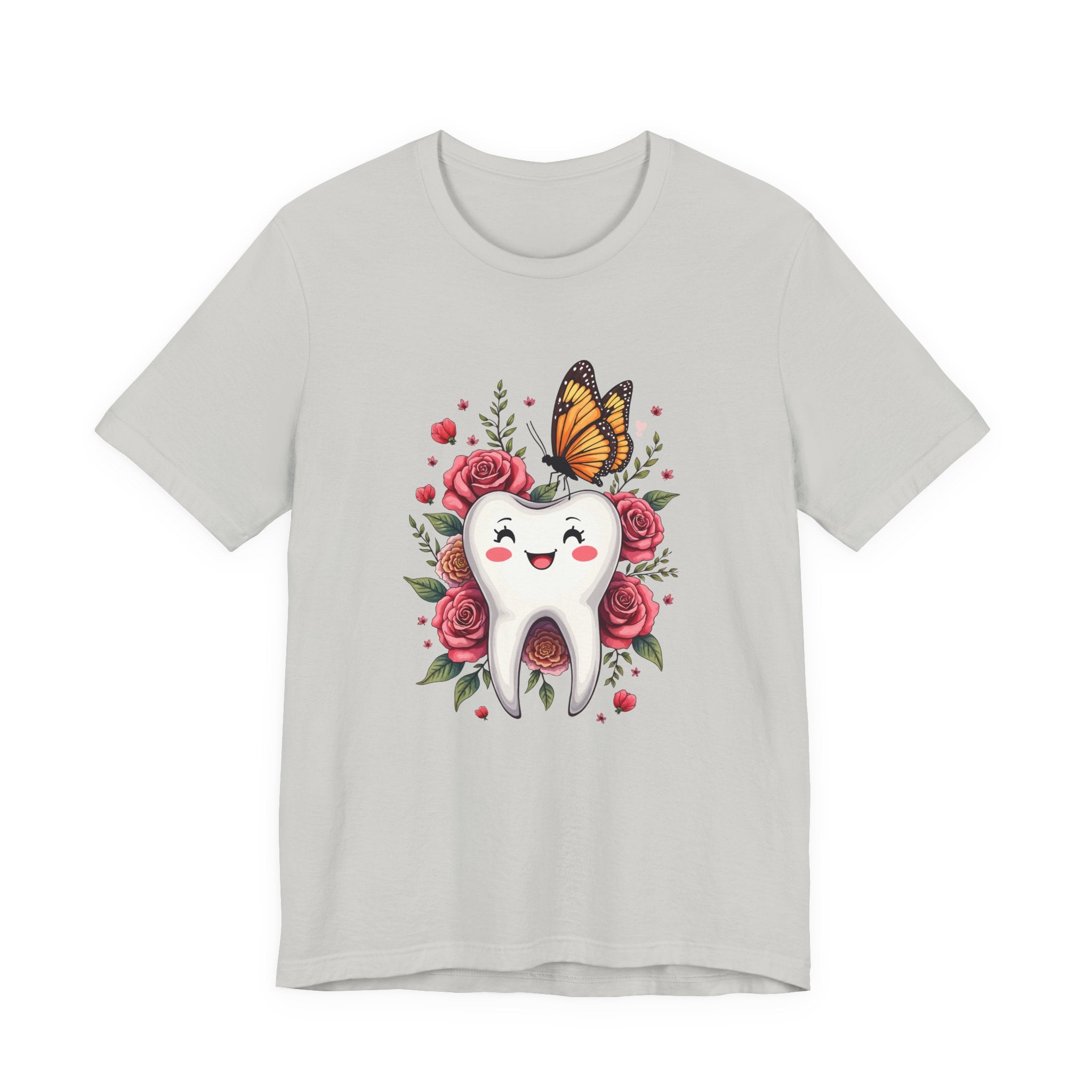 Smile T Shirt Featuring Large Smiling Tooth Surrounded by Flowers Leaves and Butterflies