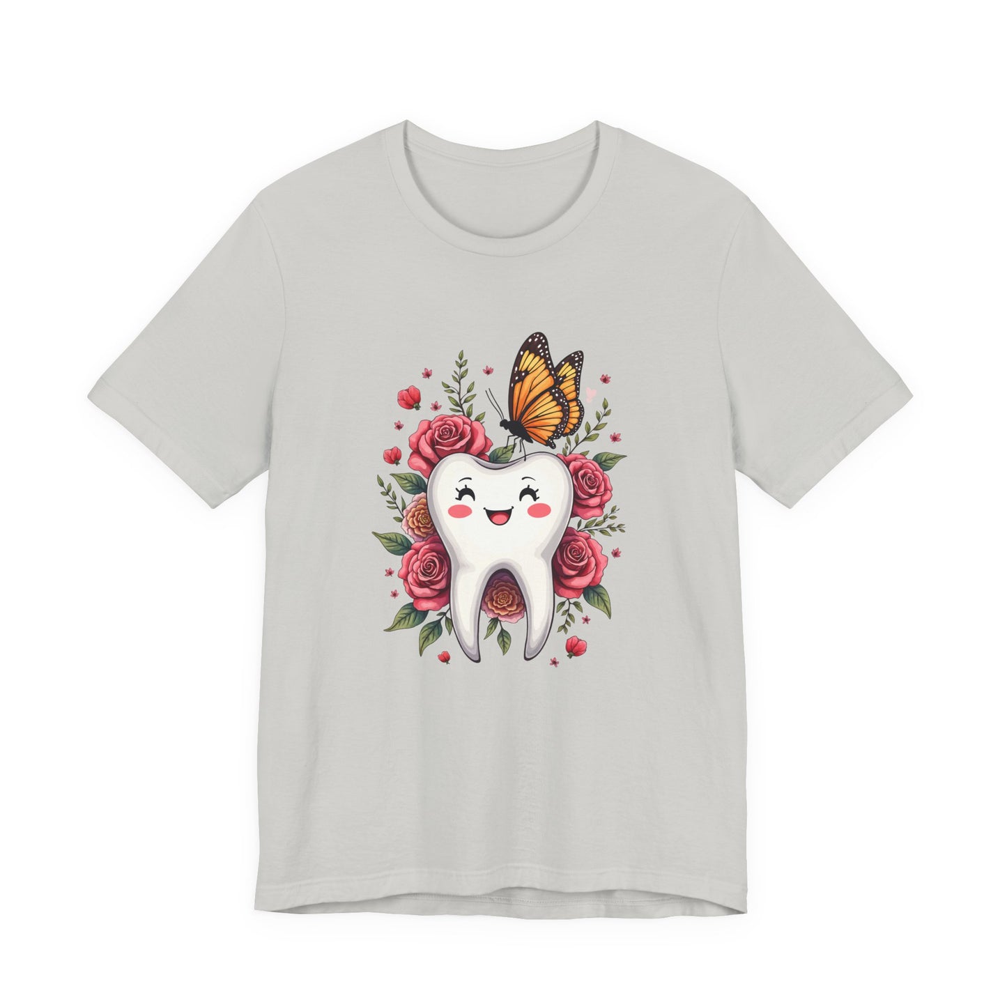 Smile T Shirt Featuring Large Smiling Tooth Surrounded by Flowers Leaves and Butterflies