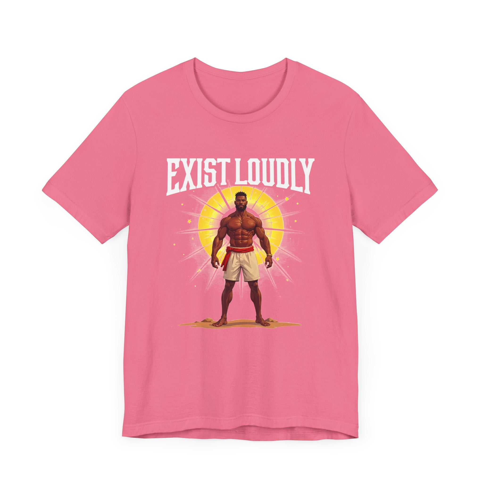 Exist Loudly – Strong Muscular Man with Red Belt & Glowing Light Graphic T-Shirt