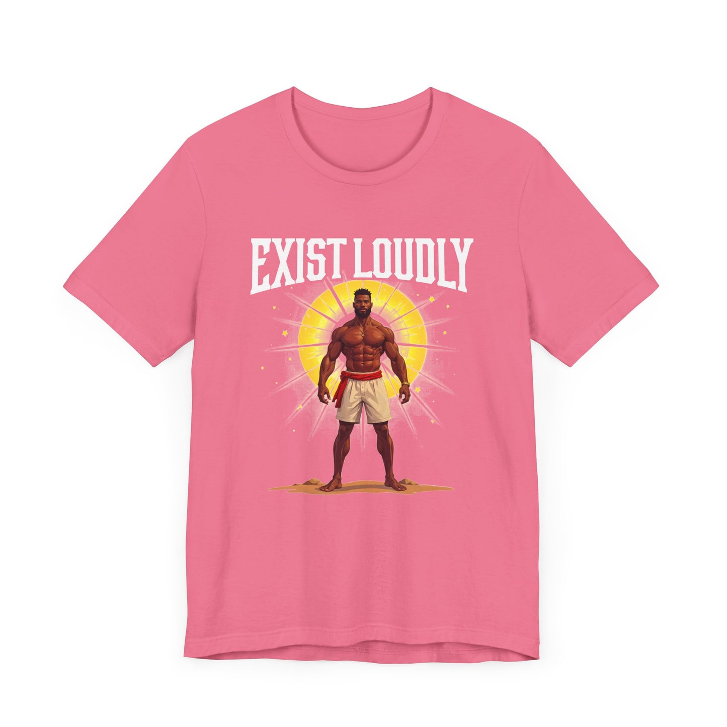 Exist Loudly – Strong Muscular Man with Red Belt & Glowing Light Graphic T-Shirt