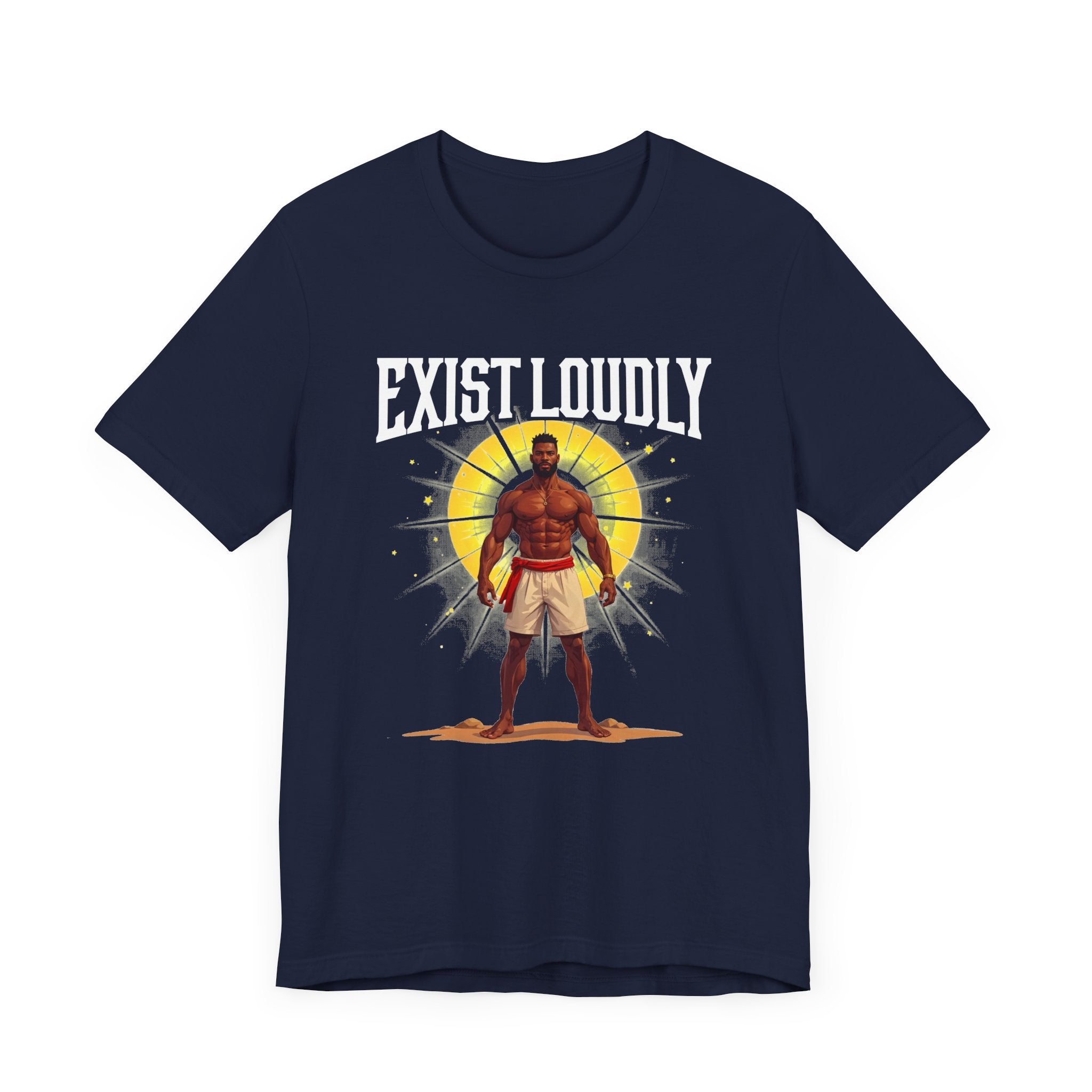 Exist Loudly – Strong Muscular Man with Red Belt & Glowing Light Graphic T-Shirt